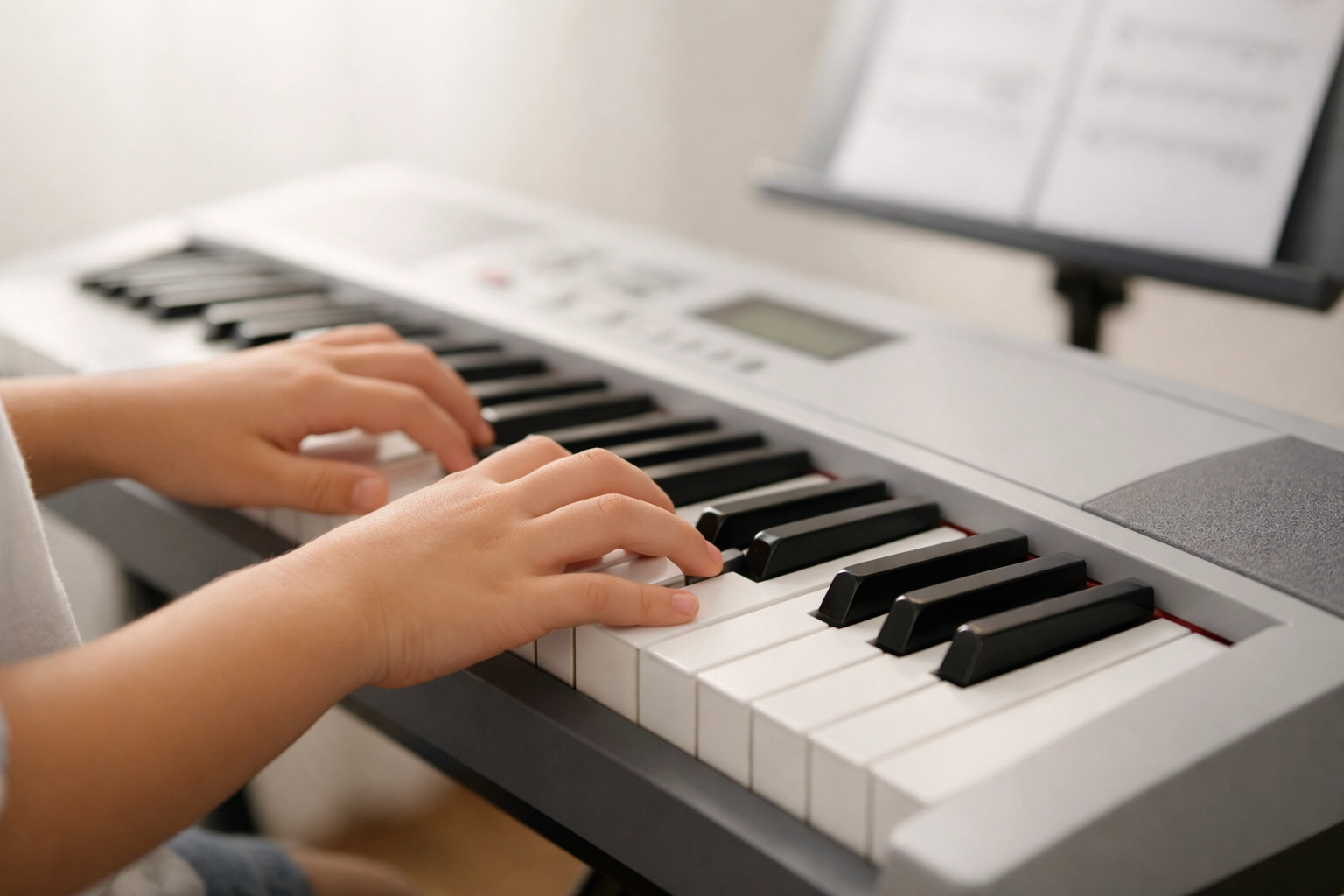 Child learning piano on beginner keyboard with proper hand position
