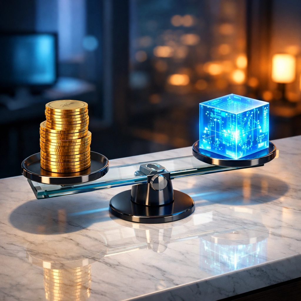 A glass scale balancing gold coins and a digital cube representing a diversified investment portfolio strategy.