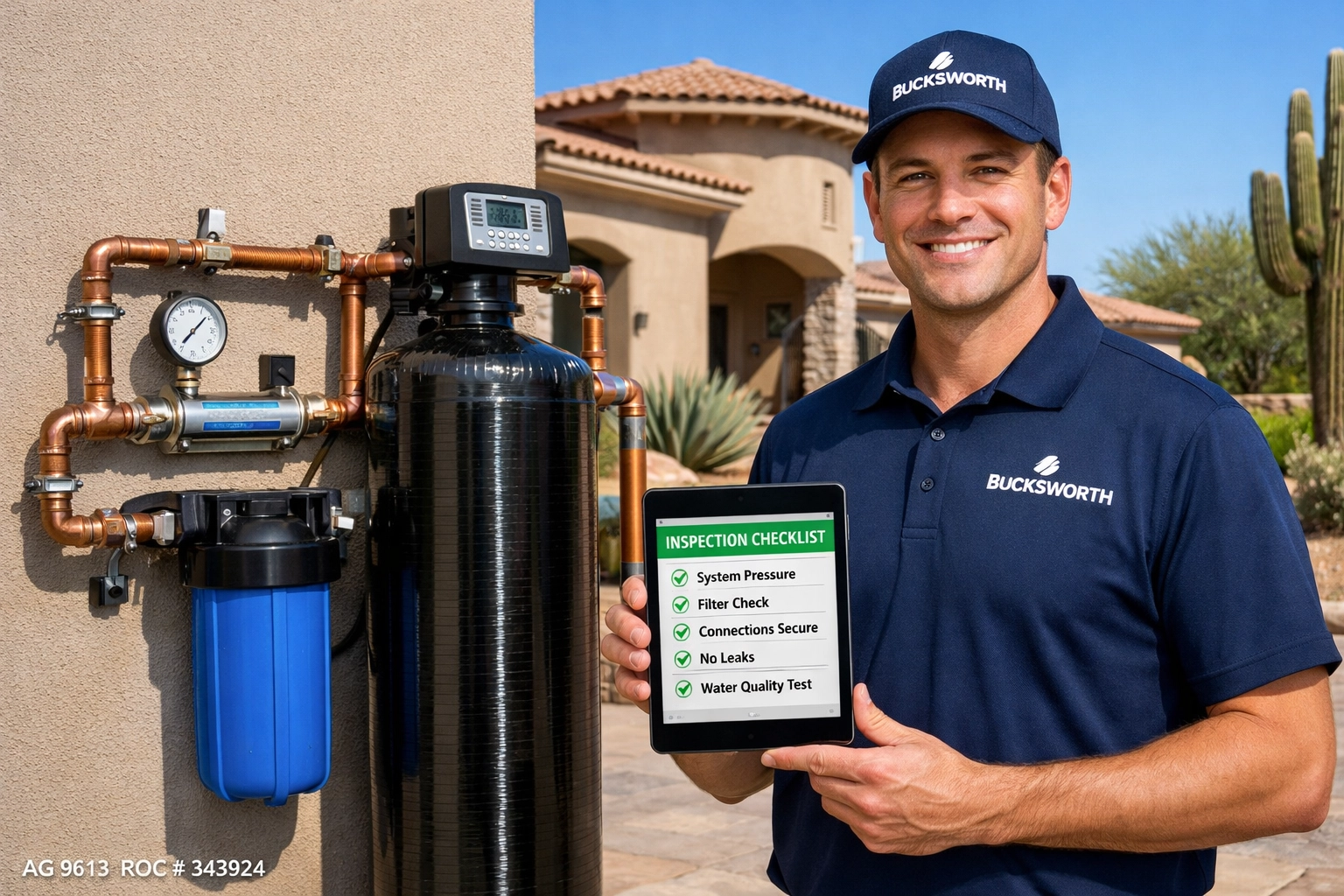 Bucksworth Home Services professional checking a water filtration system in an Ancala Scottsdale house.