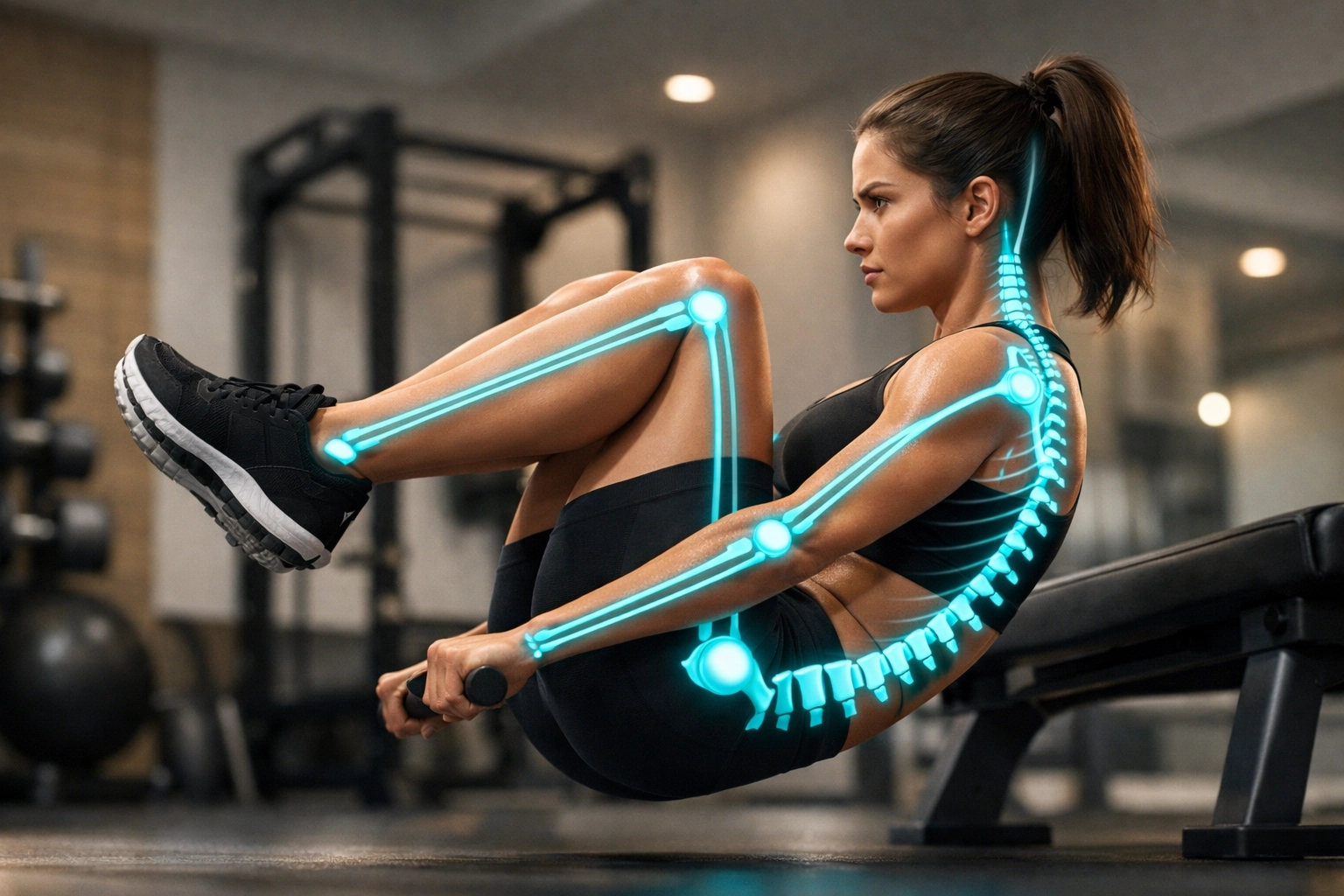 Female athlete demonstrating perfect form in a calisthenics isometric hold using home gym equipment.