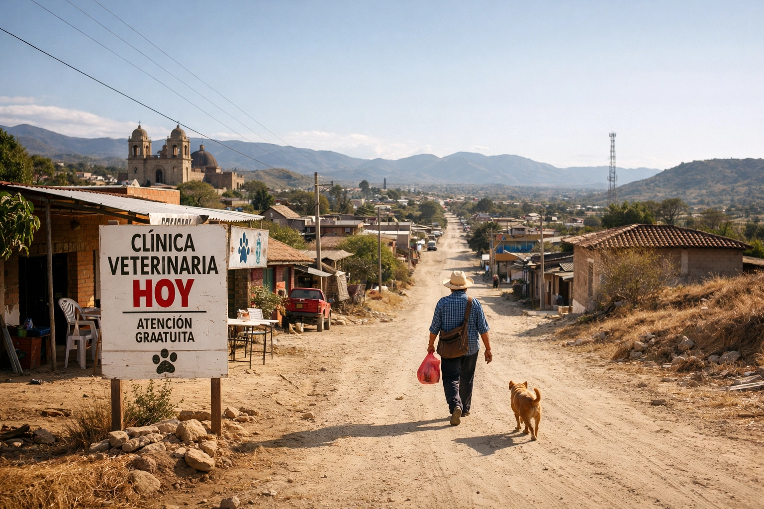 Local resident walking with their dog after receiving care at an international veterinary mission in Oaxaca.