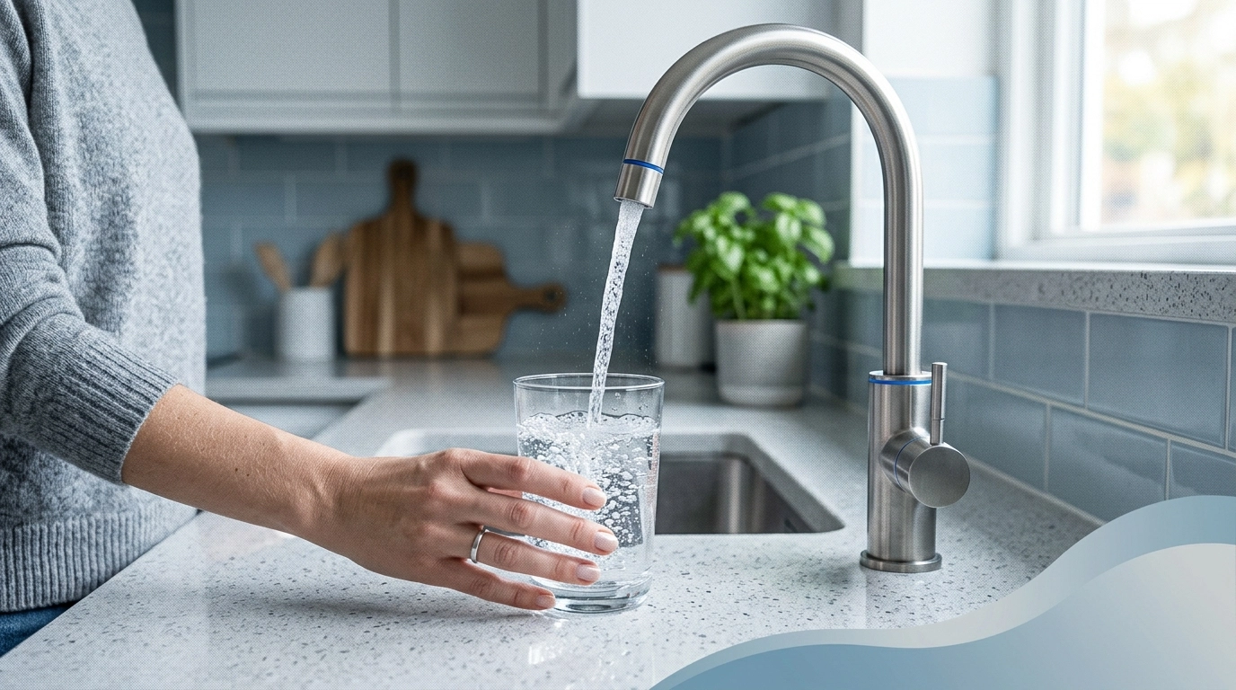 A person filling a glass with water from a dedicated designer RO faucet in a modern kitchen.