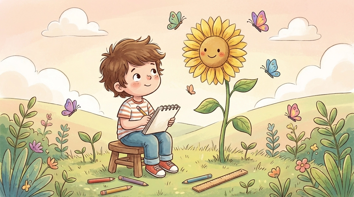 Cartoon child journaling while observing a sunflower, highlighting patience-building garden activities.