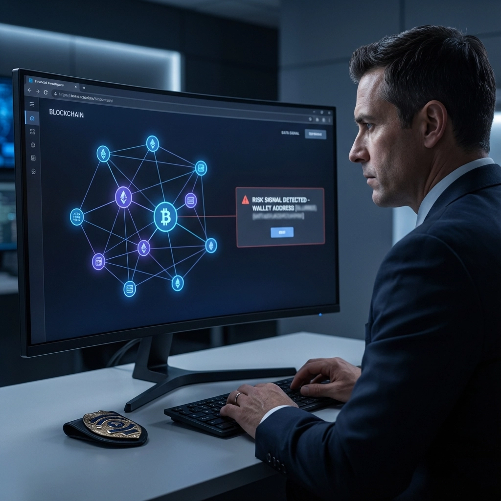 Hero image: law enforcement analysts reviewing blockchain network — cryptocurrency risk signals for AML crypto solutions