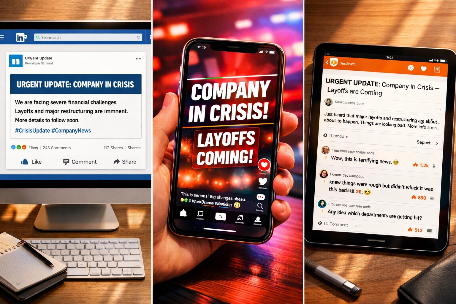 Crisis message displayed across LinkedIn, TikTok, and Reddit showing platform-specific strategies