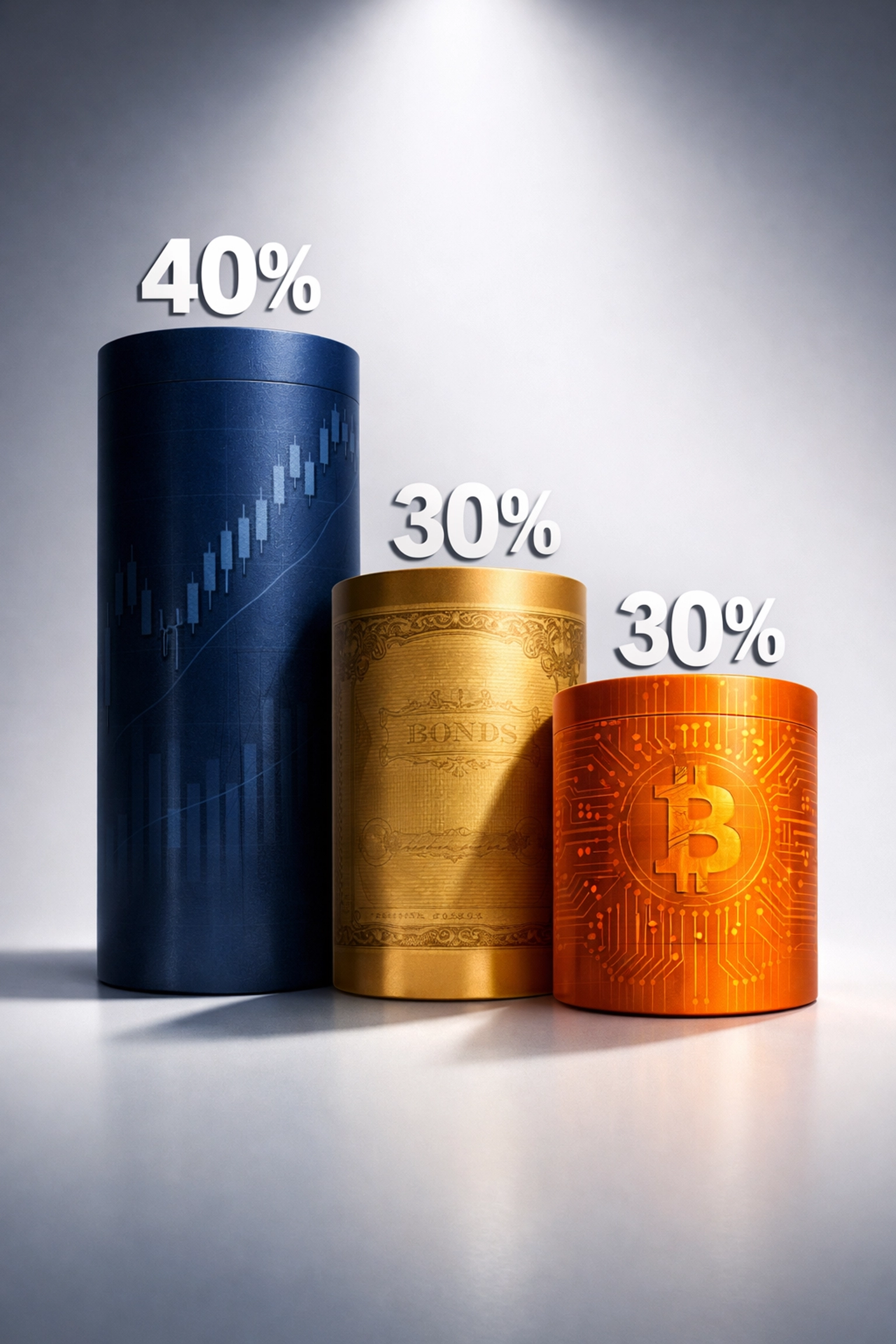 Visual representation of 40/30/30 portfolio allocation with equities, bonds, and Bitcoin alternatives