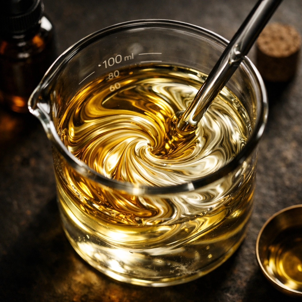 A cinematic view of premium carrier oils being blended to create a nourishing beard oil formula.