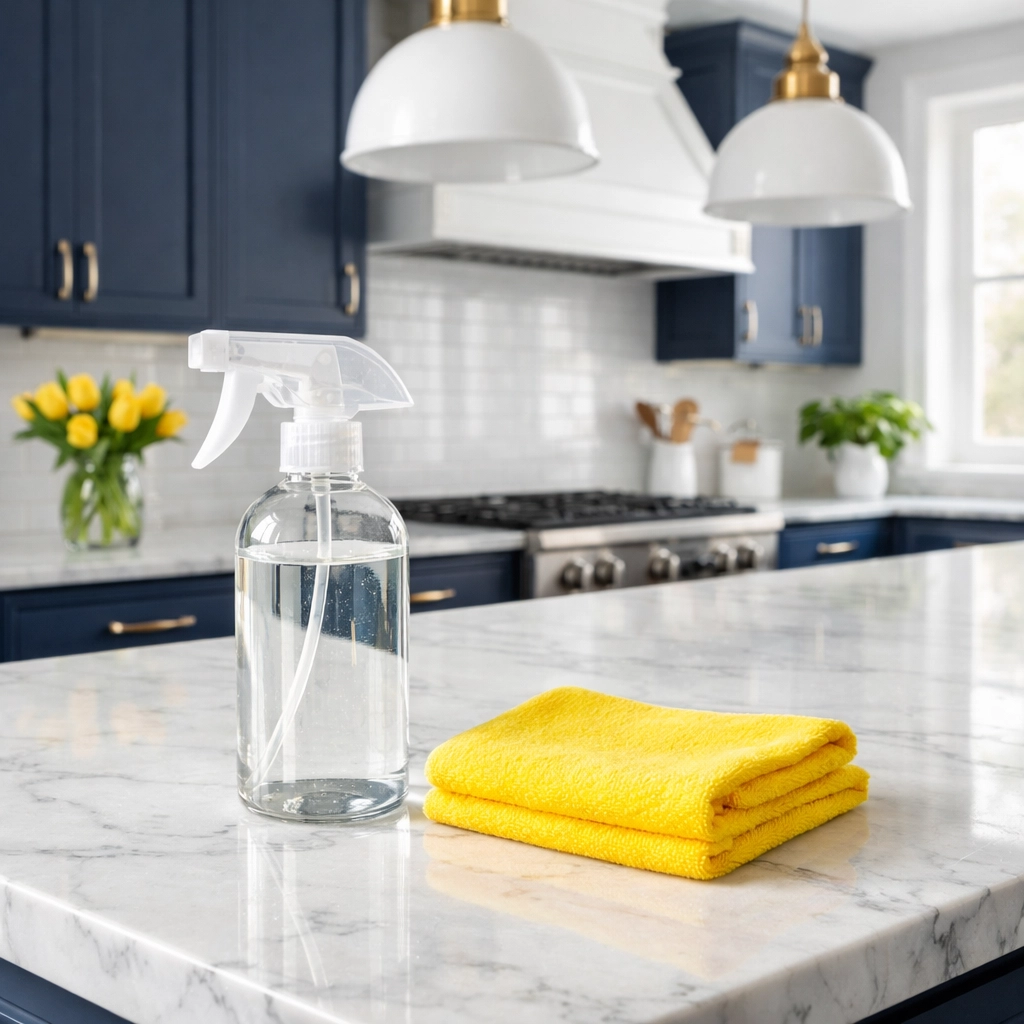 Eco-friendly deep cleaning services in a modern Massachusetts kitchen with marble countertops.