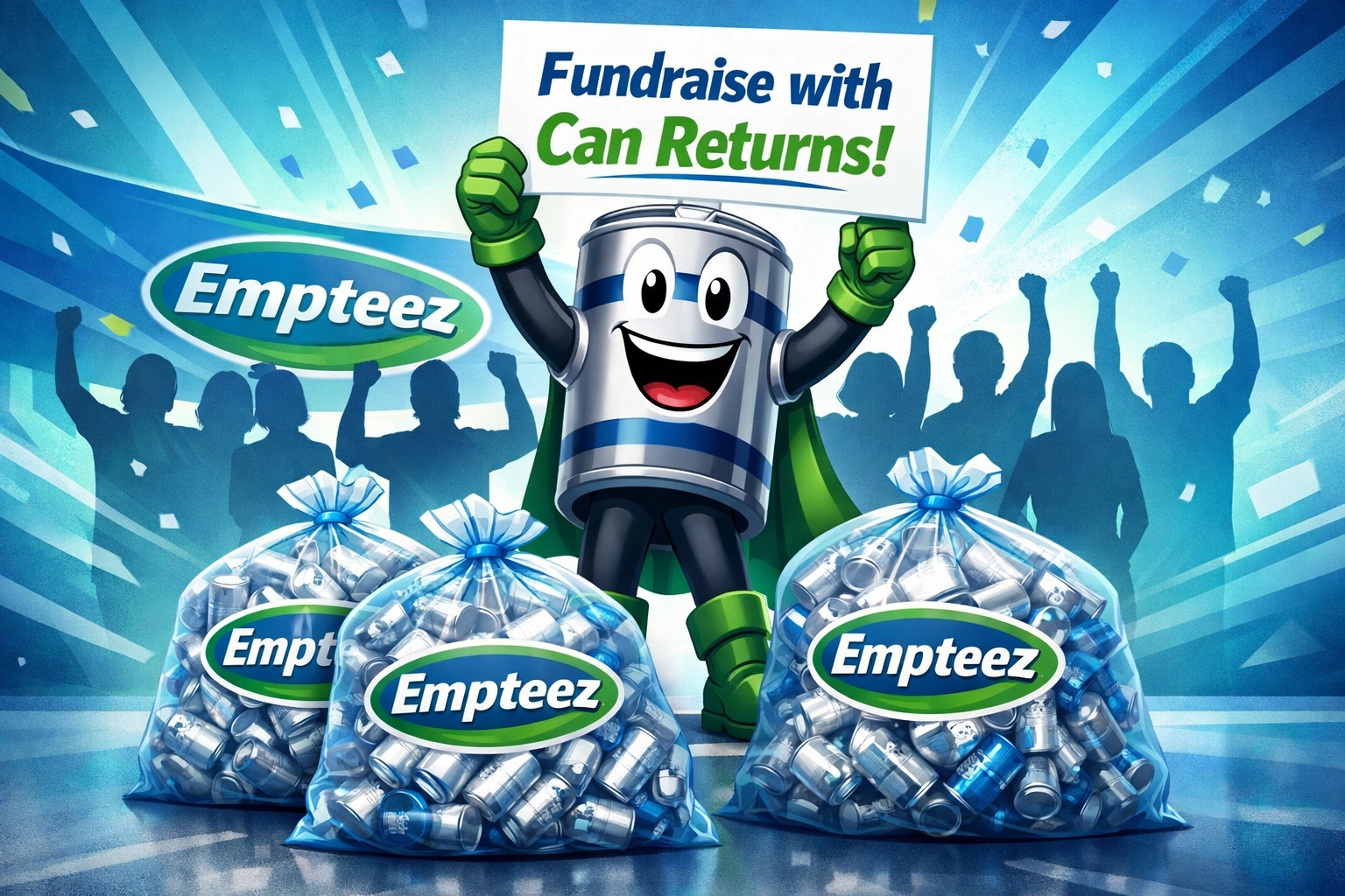Can Man cheering with community fundraising vibes beside Empteez-branded bags packed with aluminum cans