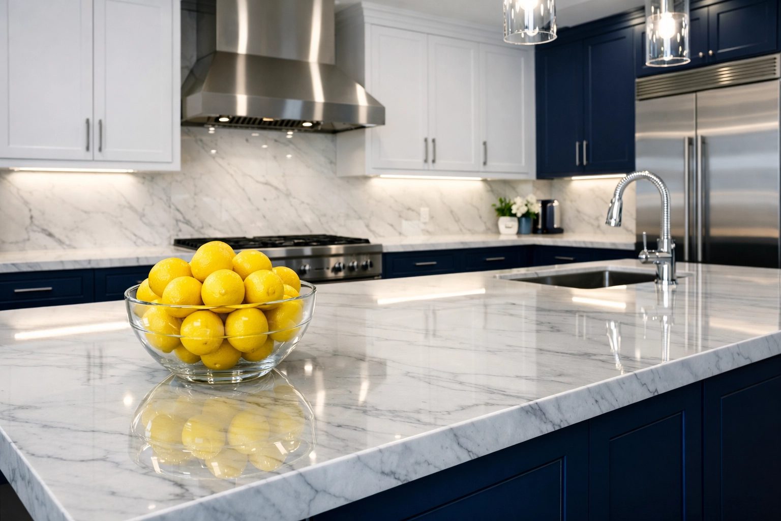Spotless luxury kitchen in Natick with polished marble countertops and blue cabinetry.