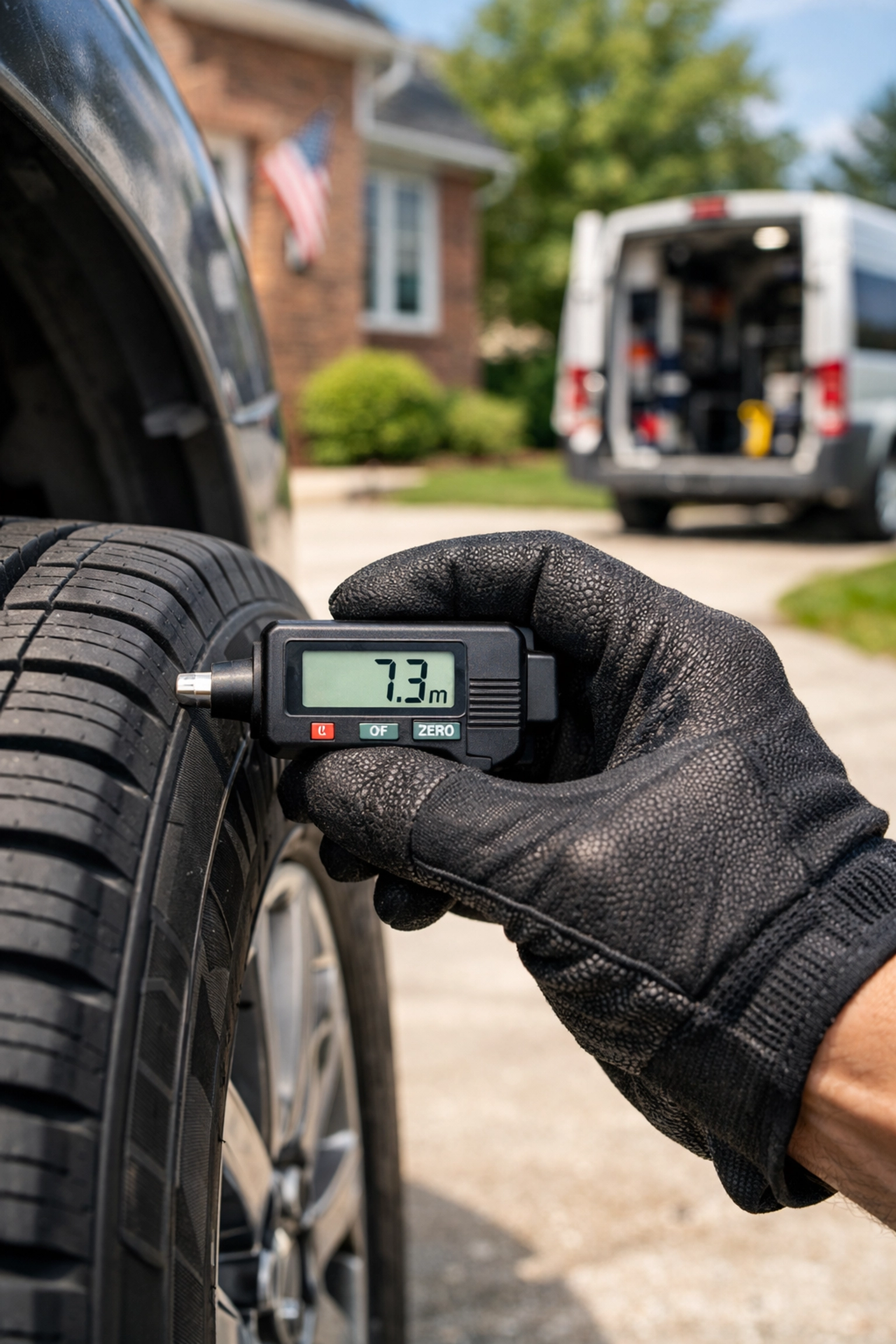 Mobile mechanic performing a tire safety inspection in a Green Bay driveway for proactive maintenance.