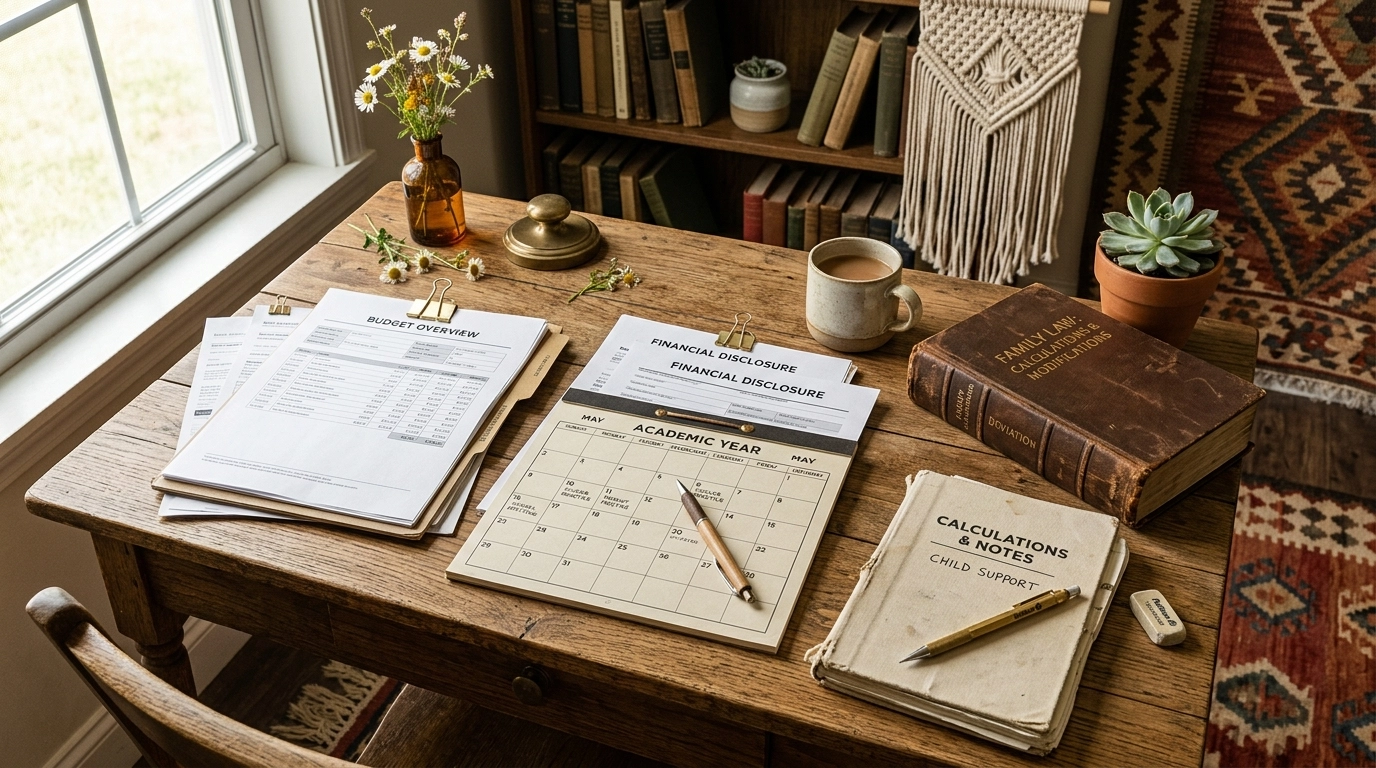 Financial records, school calendar, and legal paperwork illustrating child support deviation for educational needs