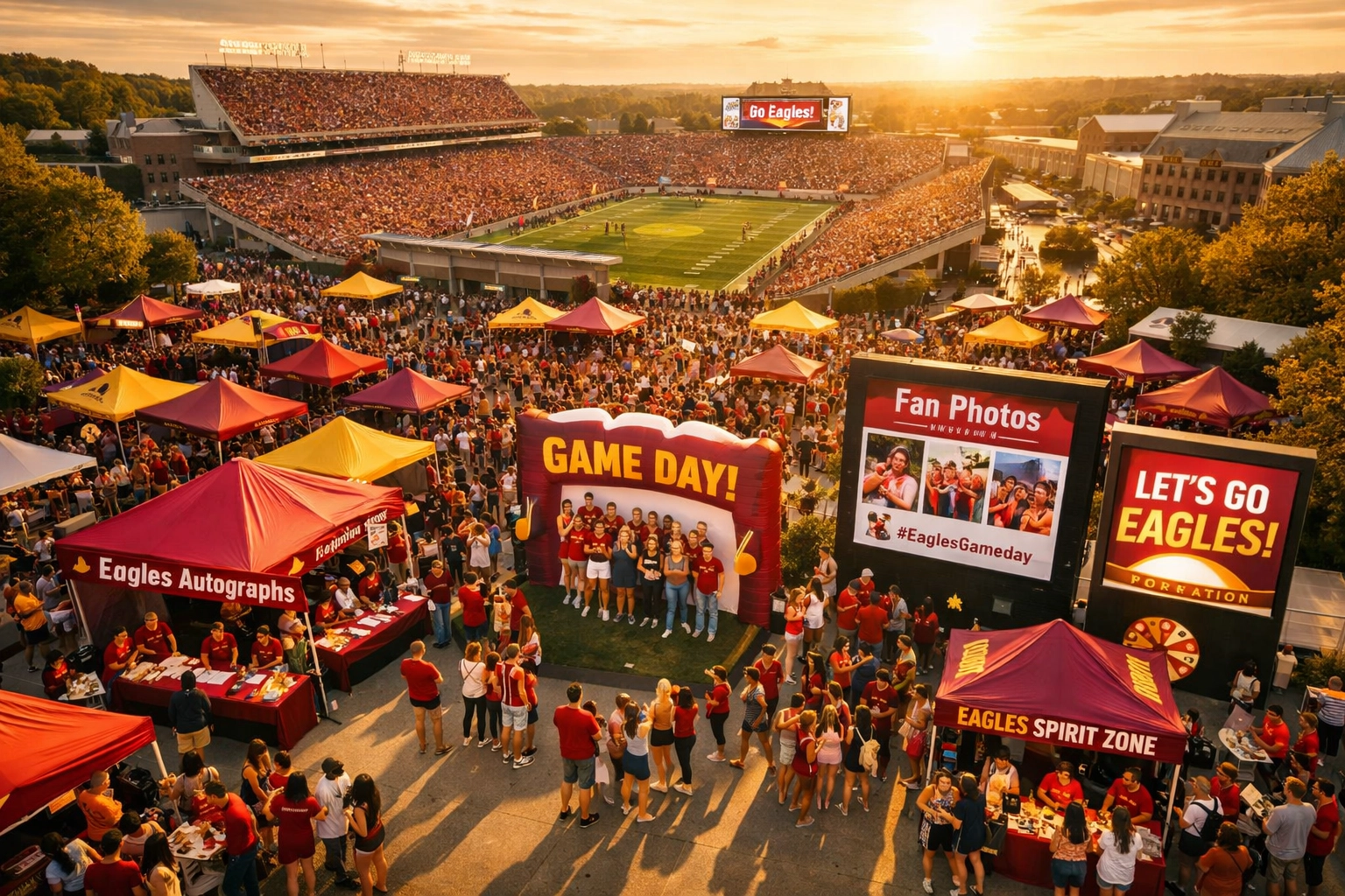 Aerial view of college campus game day showing grassroots NIL brand activation and fan engagement