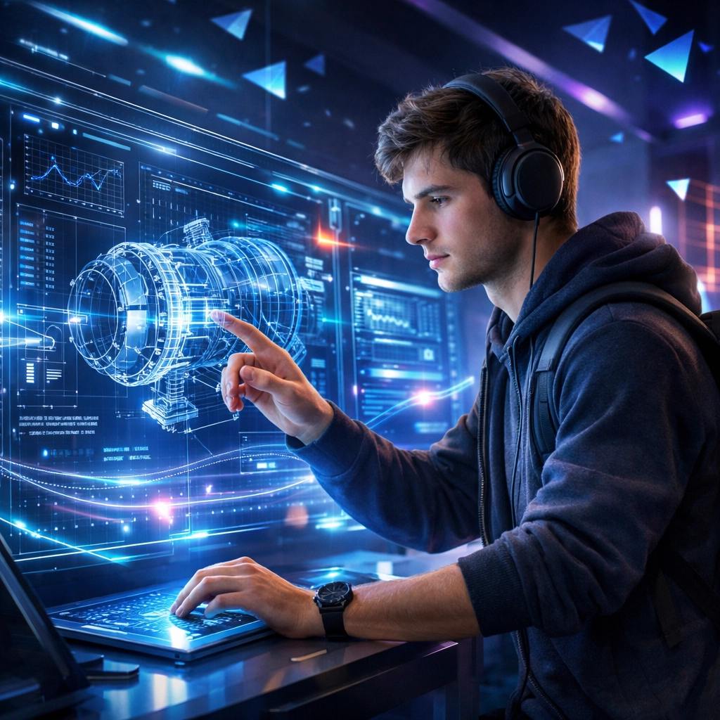 A student interacts with engineering simulations for workforce development in a futuristic EsportsPod learning environment.