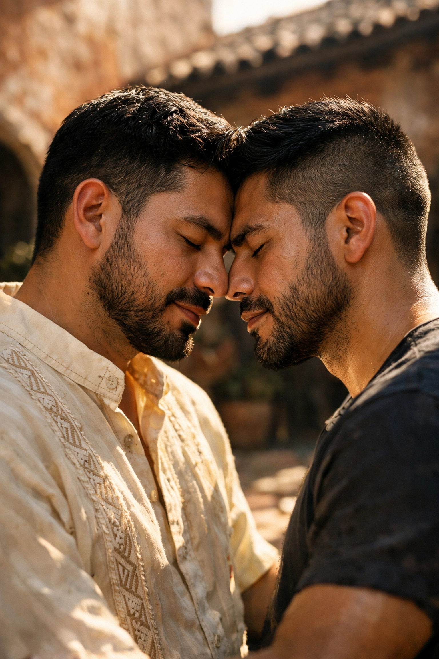 Gay Latino couple sharing an intimate moment in a courtyard, highlighting cultural heritage and queer love.