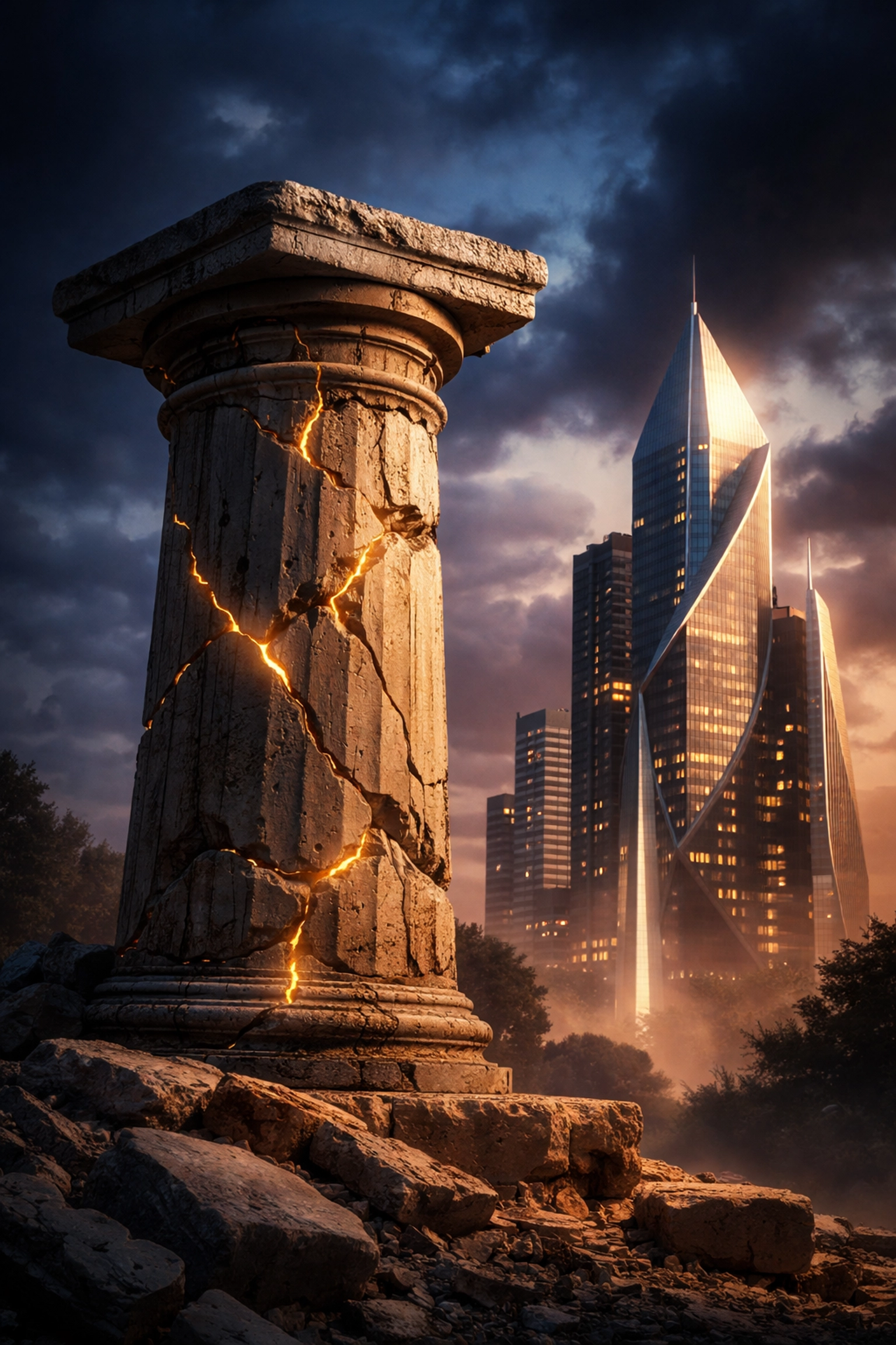 Symbolic image of an old crumbling pillar beside a modern structure, representing the shift from 60/40 to 40/30/30 investment models