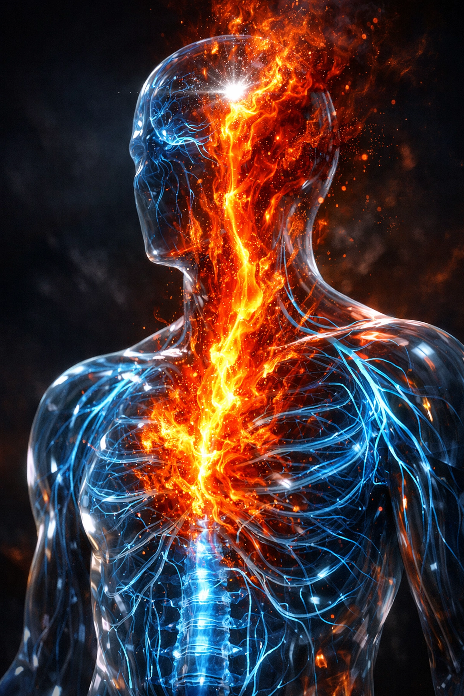 A visualization of the nervous system and biological stress response overriding conscious mindset.