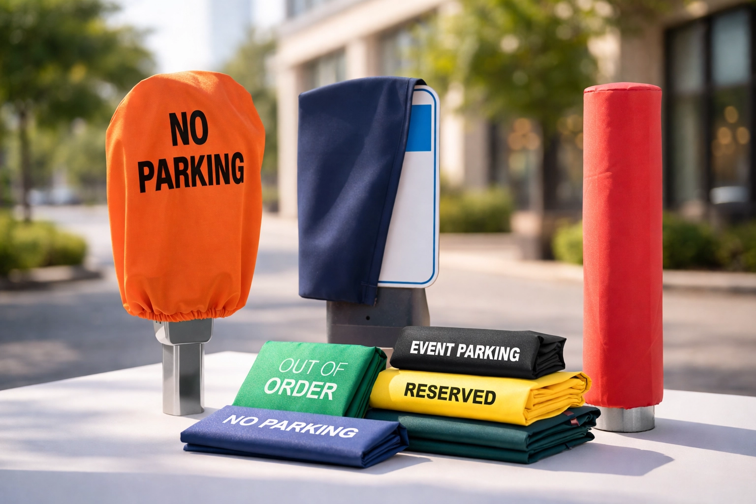 Assorted sign covers for parking meters, signs, and bollards on a city street, ideal for temporary messaging needs.