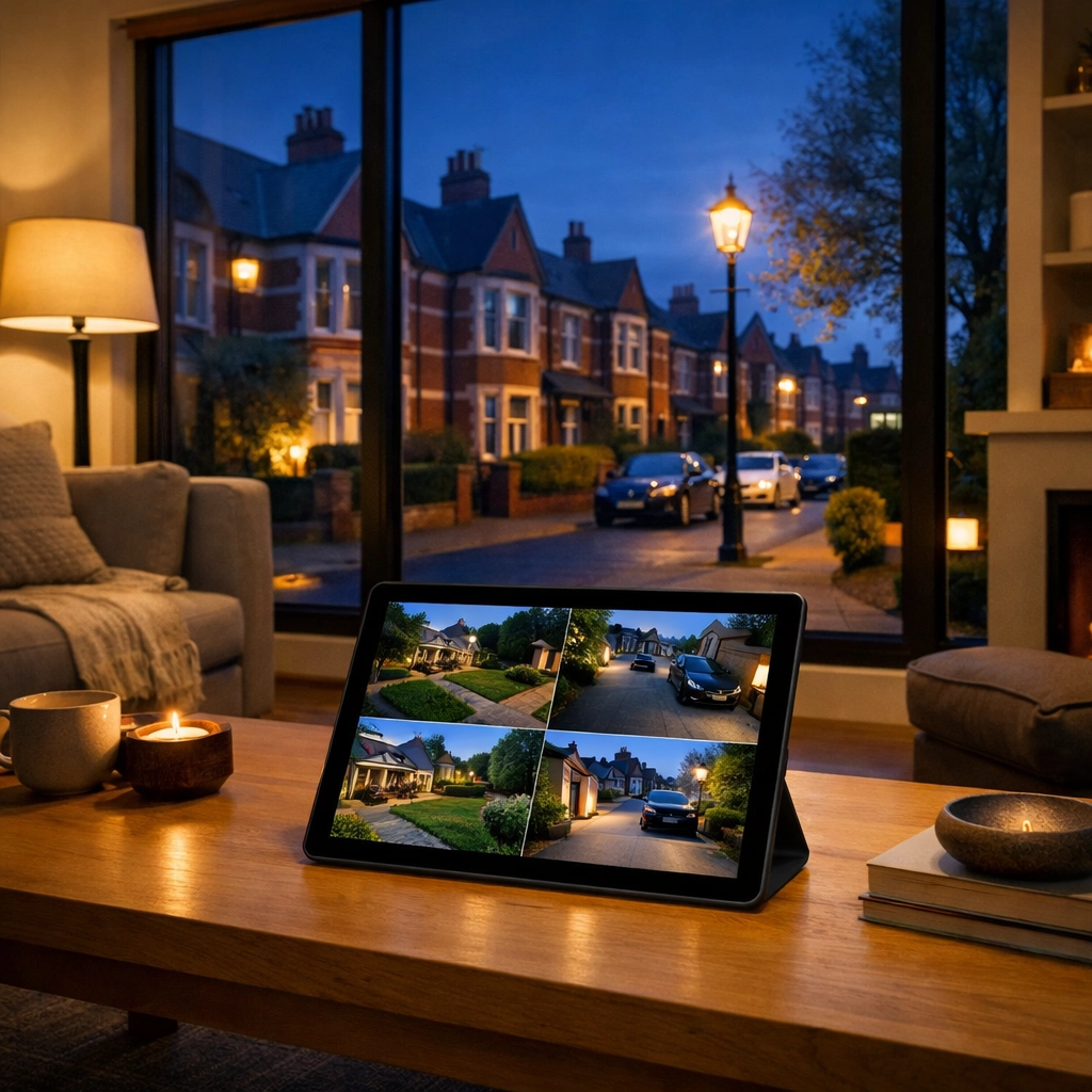 A peaceful Cardiff living room at twilight with a tablet displaying a home security system camera feed.
