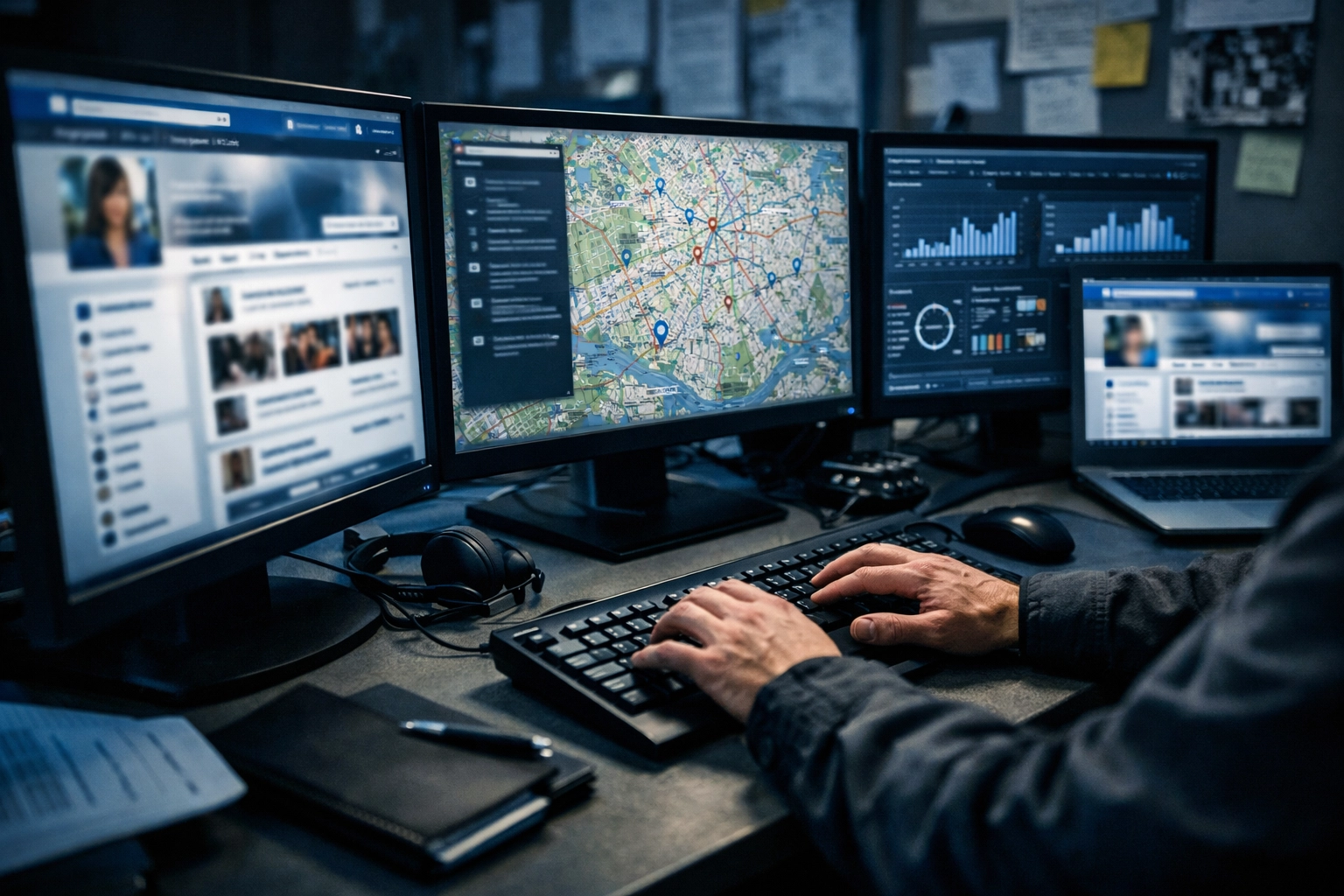 OSINT investigator analyzing social media data and digital footprints on multiple monitors