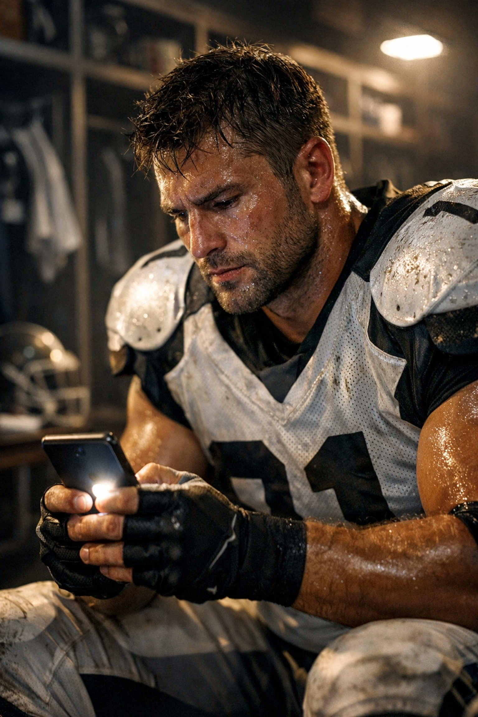 A professional football player using a smartphone to manage his NIL brand in the locker room.