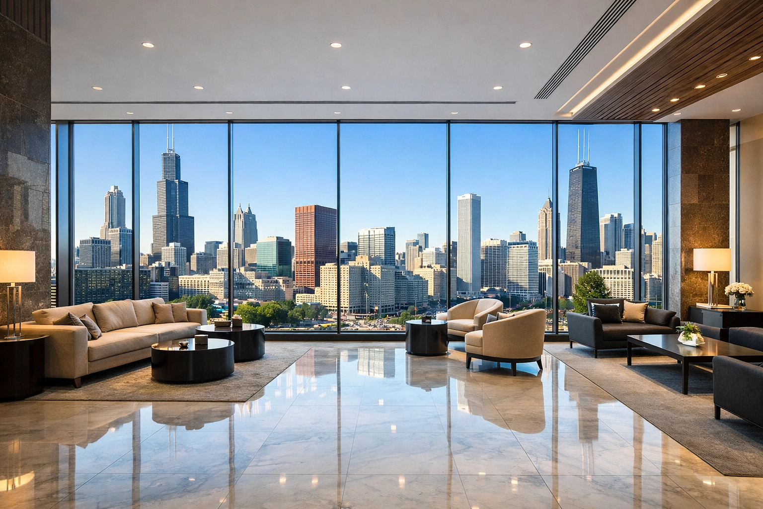Modern apartment lobby in downtown Chicago representing professional property management standards.