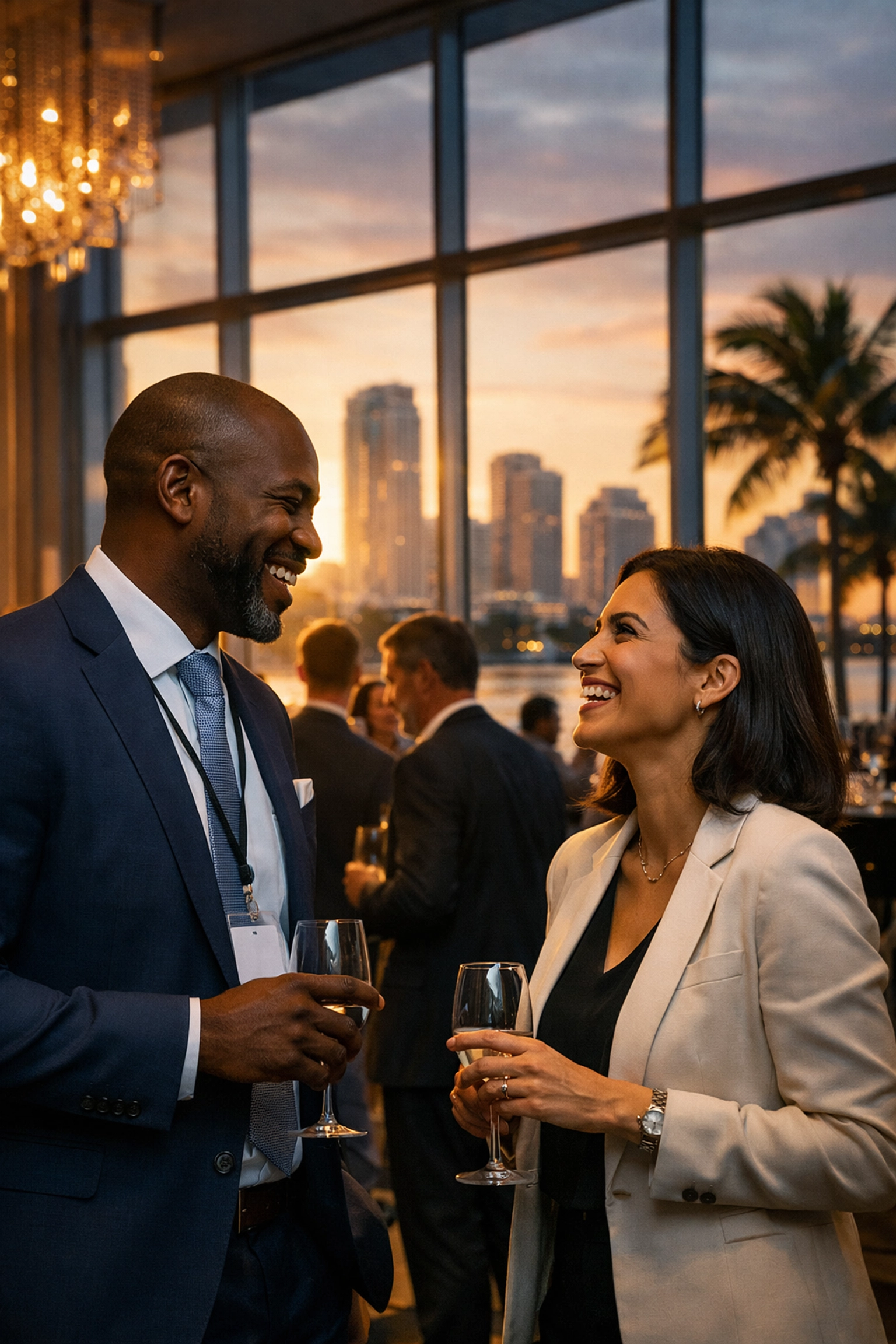 Business professionals networking at a corporate event in a Miami venue with skyline views.