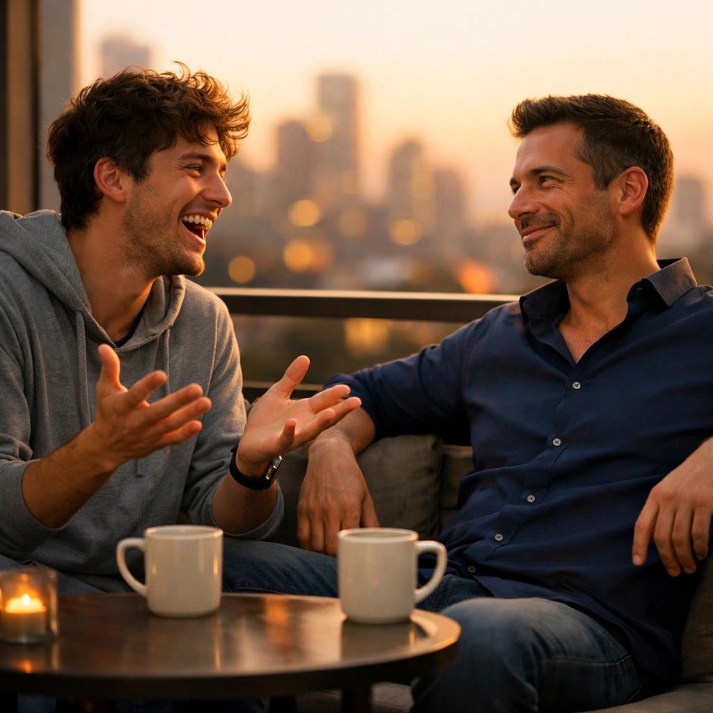 Gay couple with 10-year age gap enjoying coffee together on balcony, showing different life stages