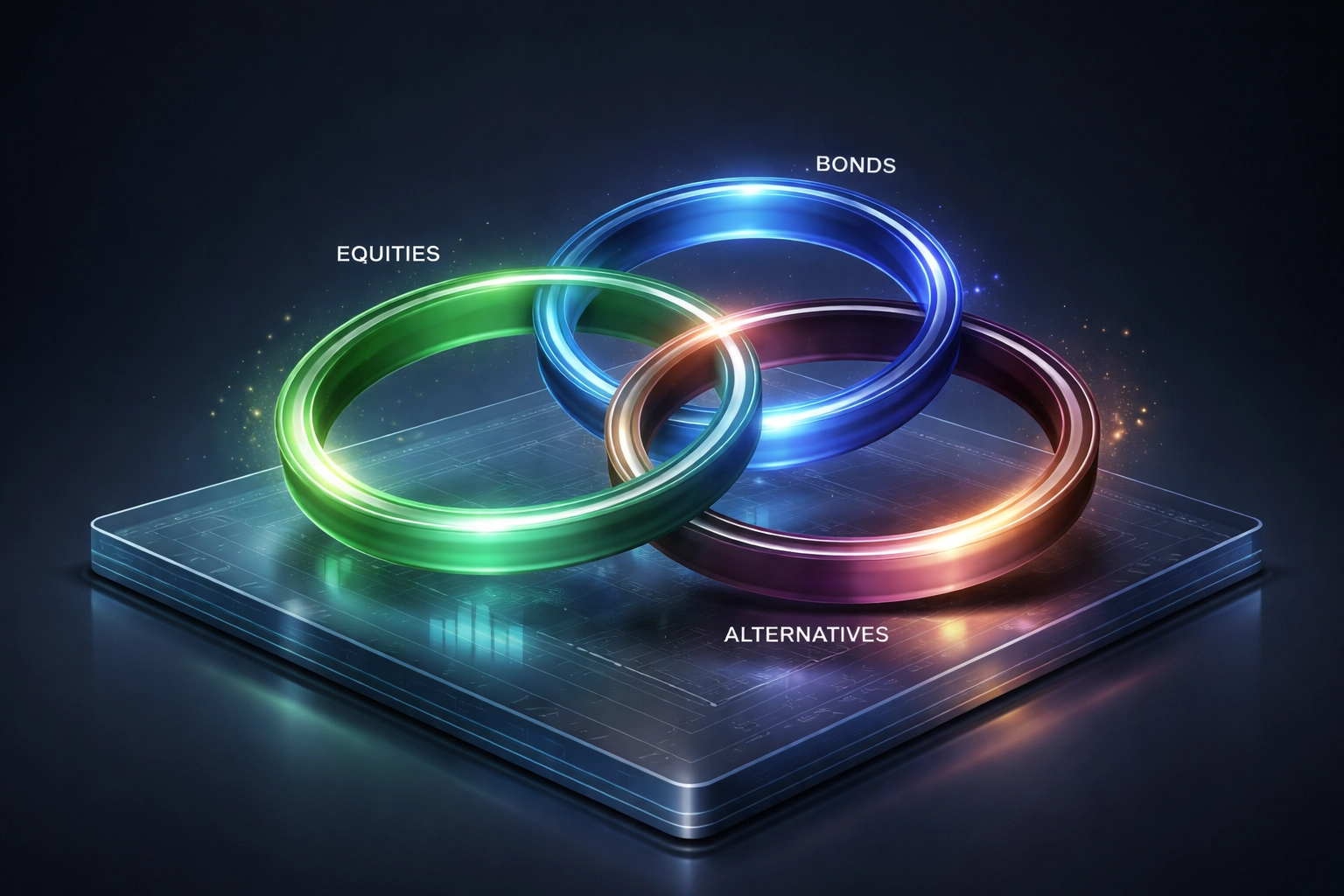 Three interlocking rings symbolize diversified asset allocation in the 40/30/30 investment framework.