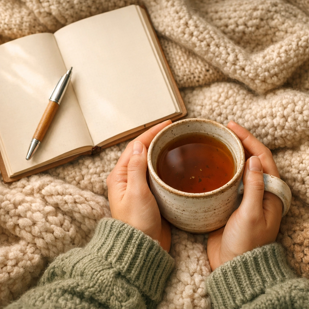 Peaceful moment with tea and journal representing self-paced LGBTQI mental health therapy journey