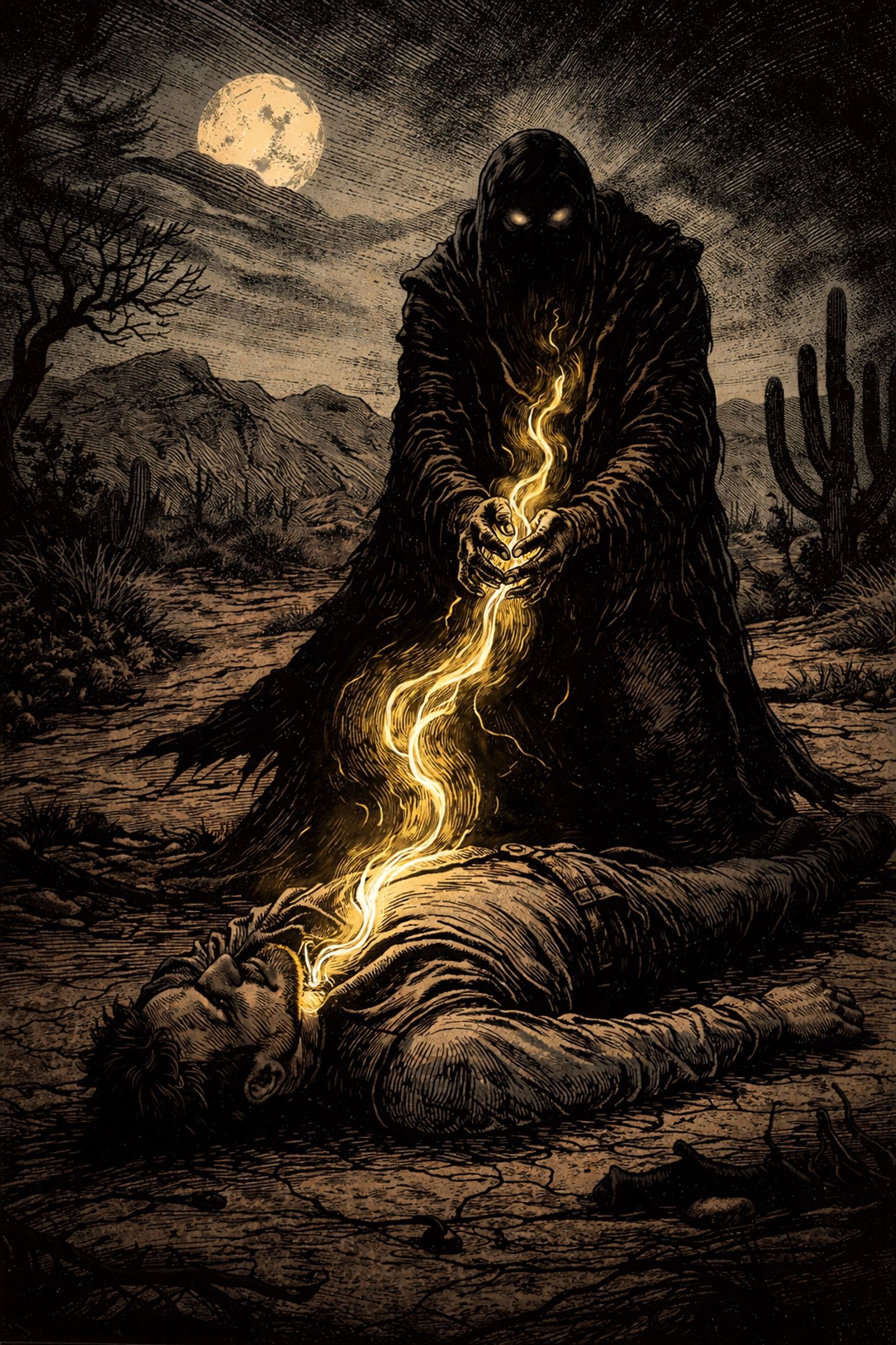 Sinister ritual in a desert clearing as a shadowy figure steals a man's voice, central to the weird western story plot.