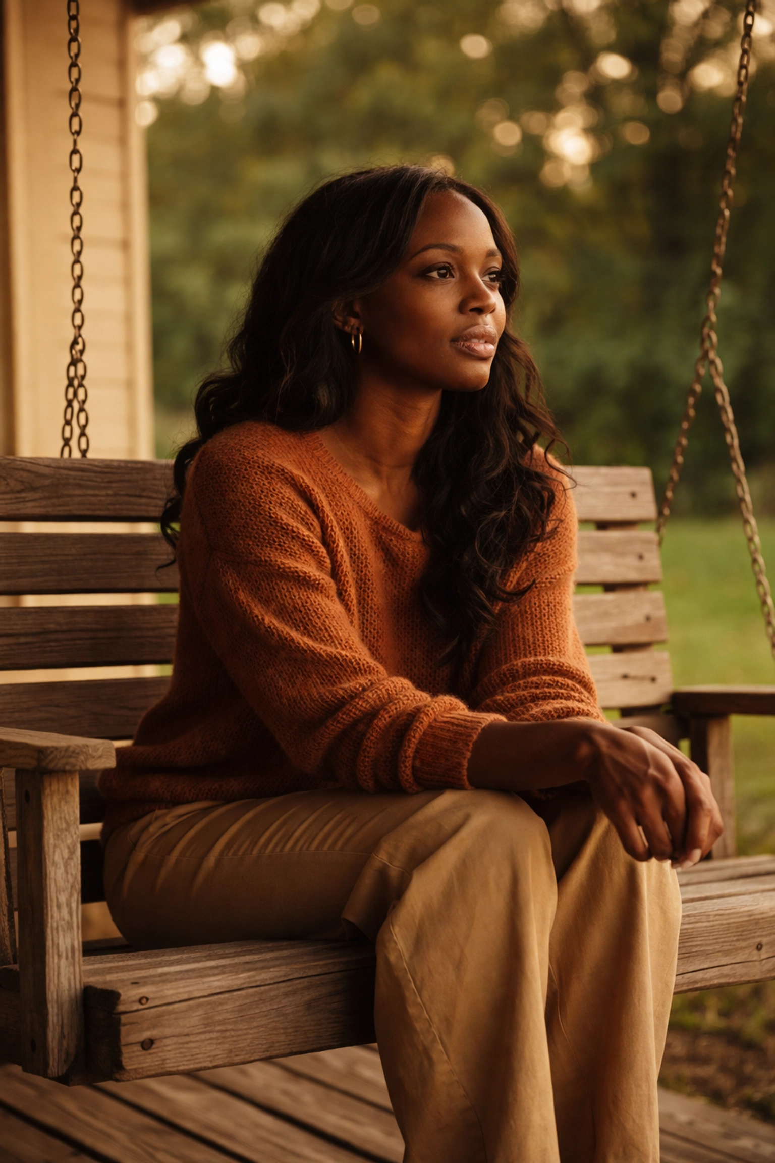 Black woman reflecting alone on a rustic porch, illustrating introspection and relationship healing