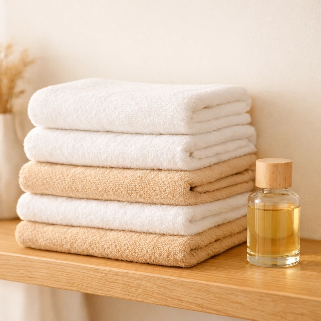 Neatly organized towels and essential oils showing the professional results of recurring house cleaning in Greenville.