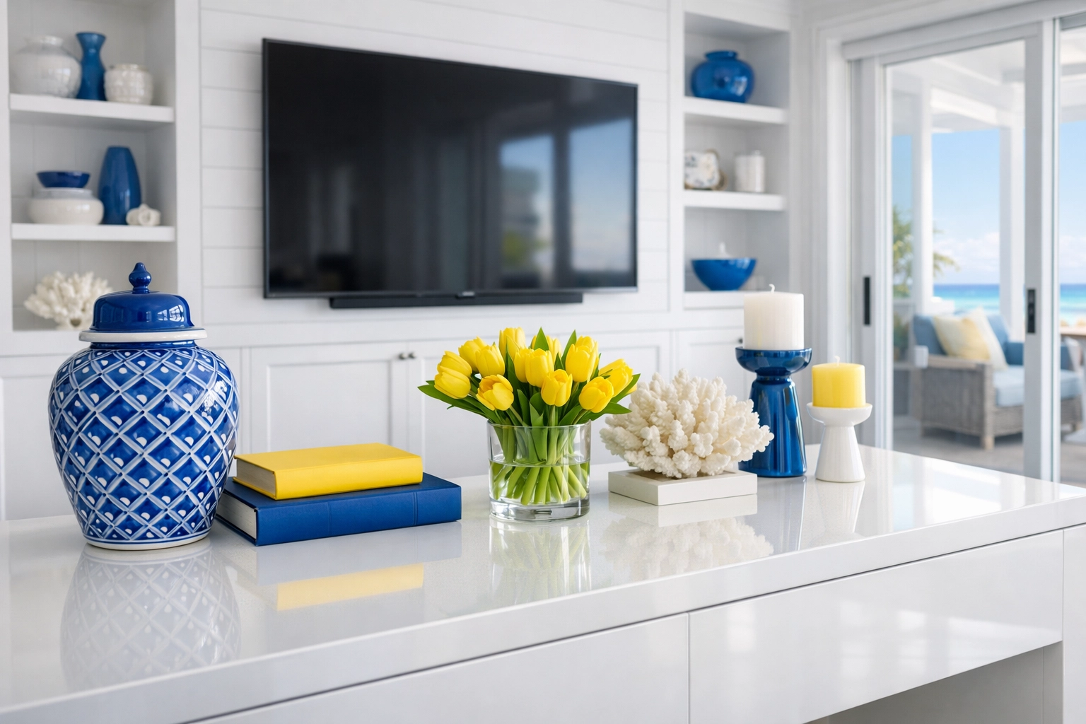 Clean and germ-free luxury home entertainment center with a sanitized white console table.