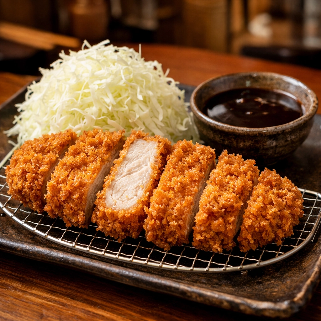 Golden crispy tonkatsu pork cutlet served with cabbage at a local Tokyo restaurant.
