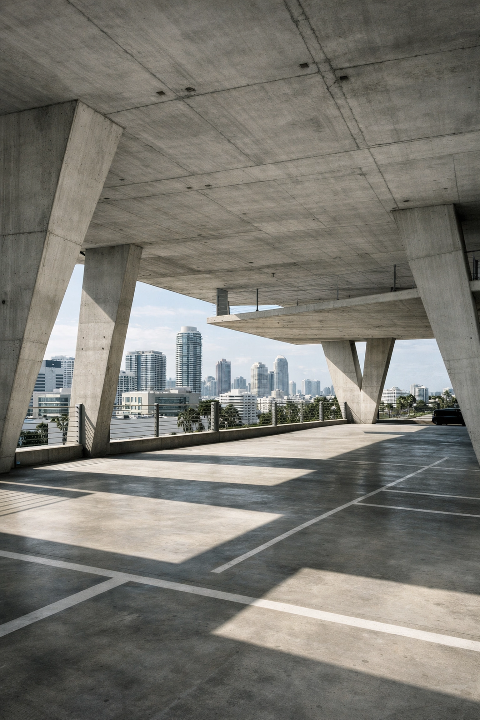 Modern architectural lines and skyline views at 1111 Lincoln Road, a unique Miami photo spot.