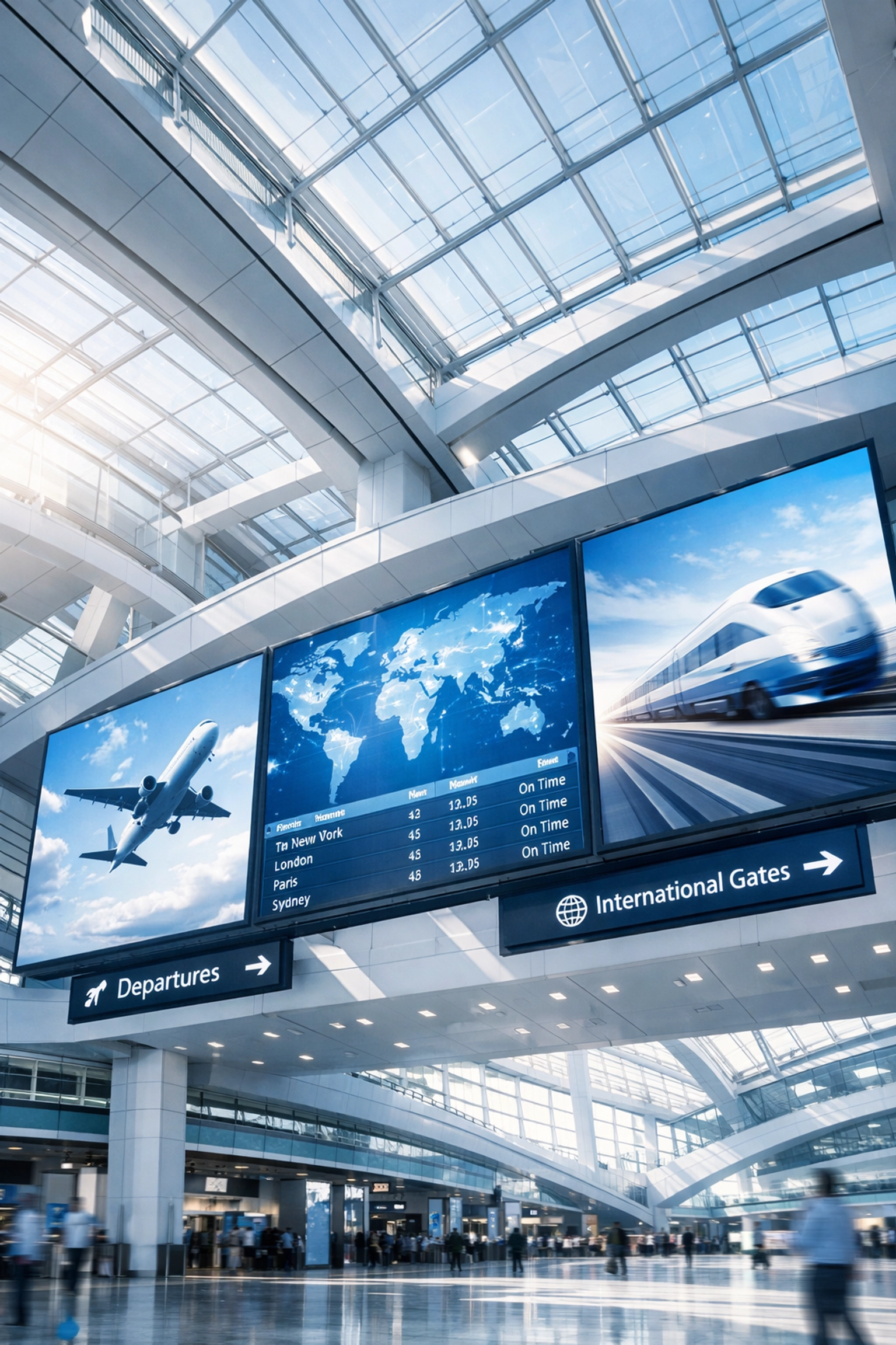 Synchronized digital screens in a modern transit hub showing data-driven advertisements to travelers.