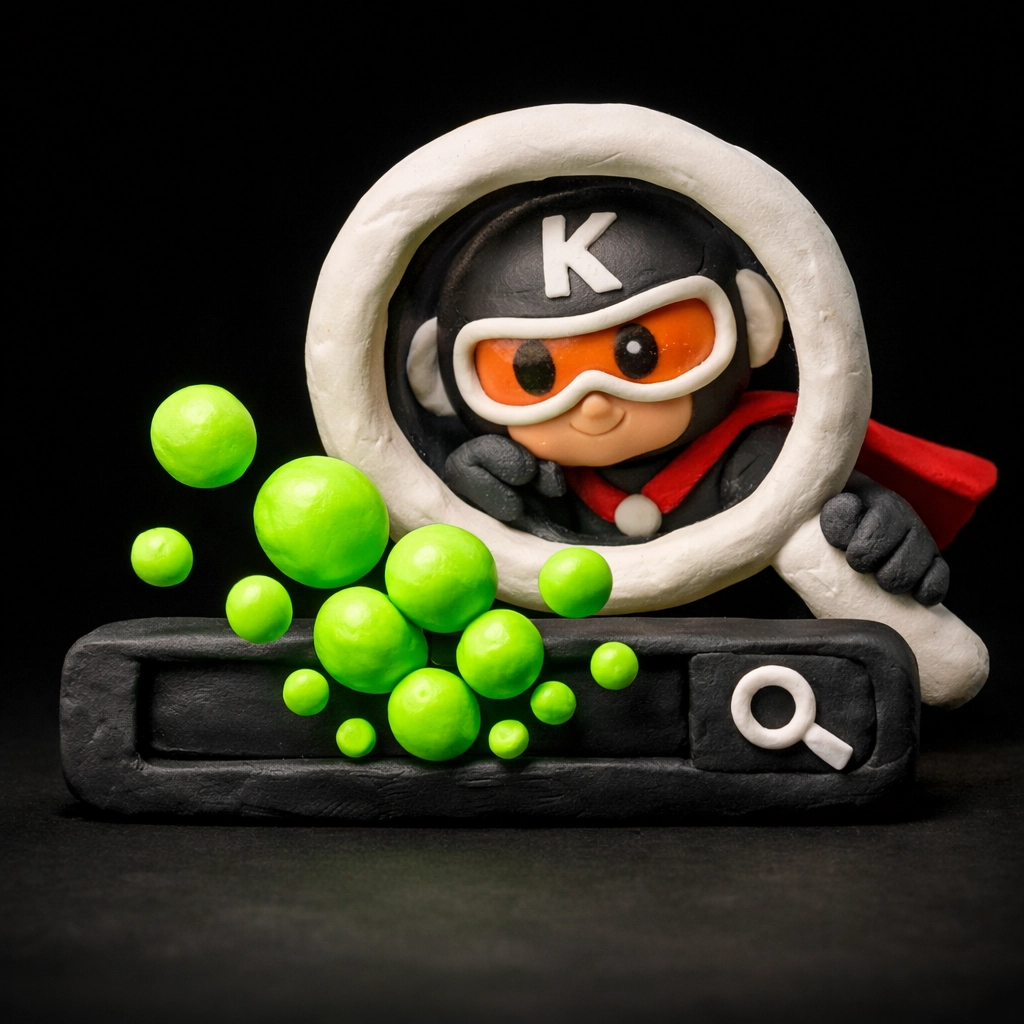 Handmade clay character using a magnifying glass to find trending LinkedIn autocomplete search keywords.