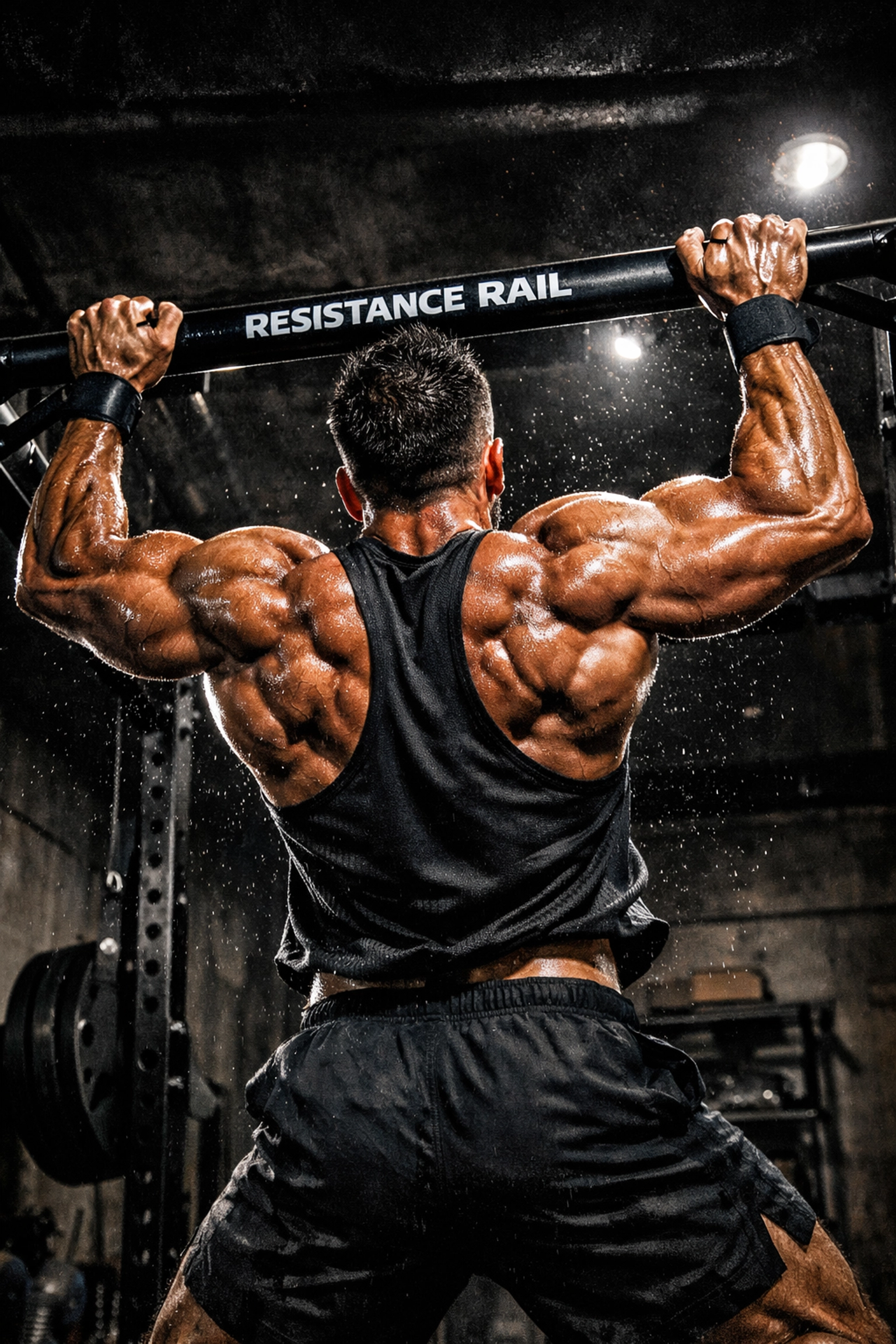 Athlete performing wide-grip pull-ups on a Resistance Rail pull up bar alternative in a home gym.