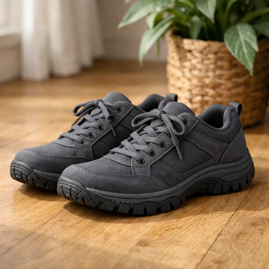 Flat non-slip walking shoes with textured rubber soles for secure grip on hardwood floors.