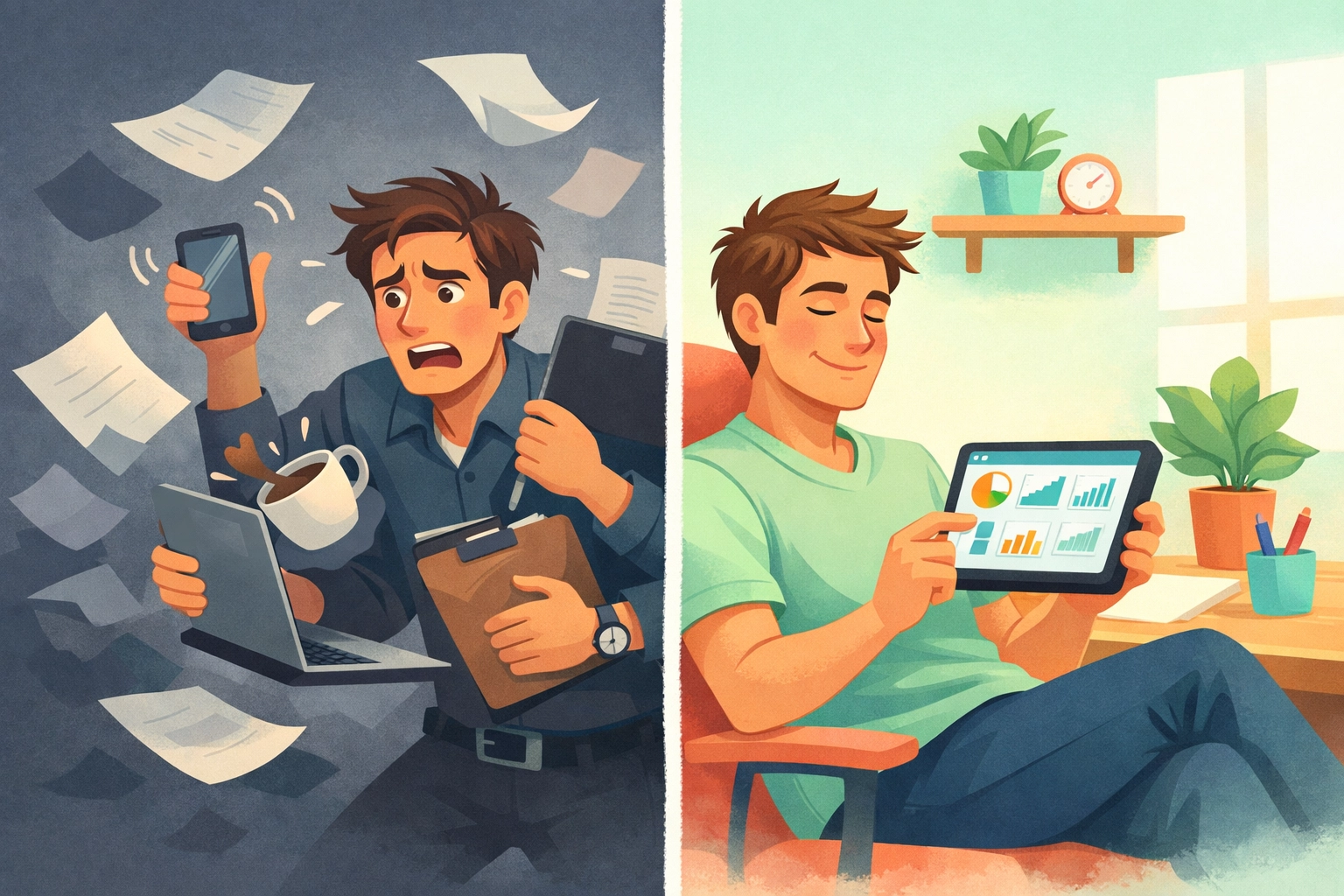 Before and after: chaos of multiple tools versus streamlined unified dashboard for SMB management