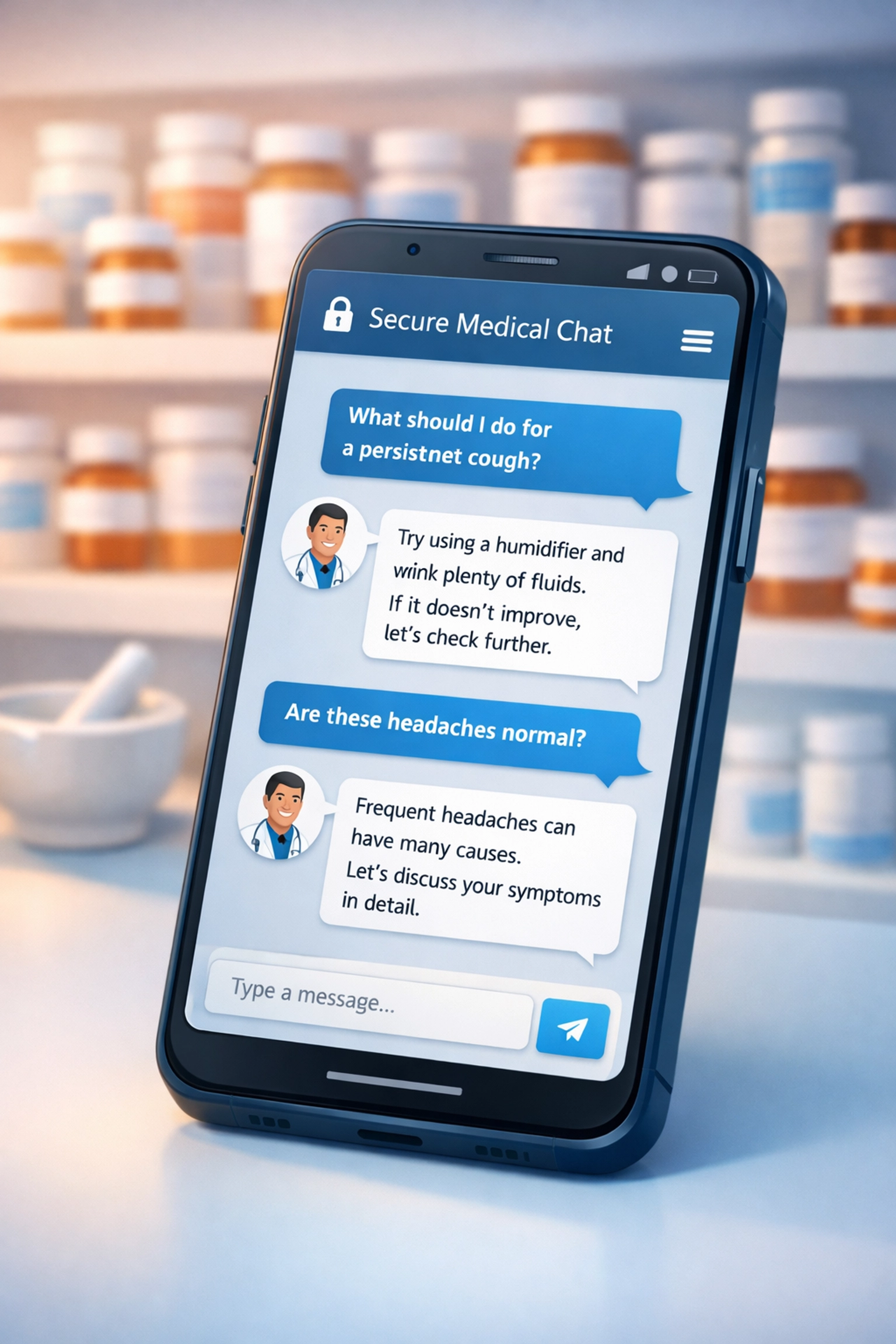 Smartphone showing online doctor chat for UTI treatment with pharmacy counter in background