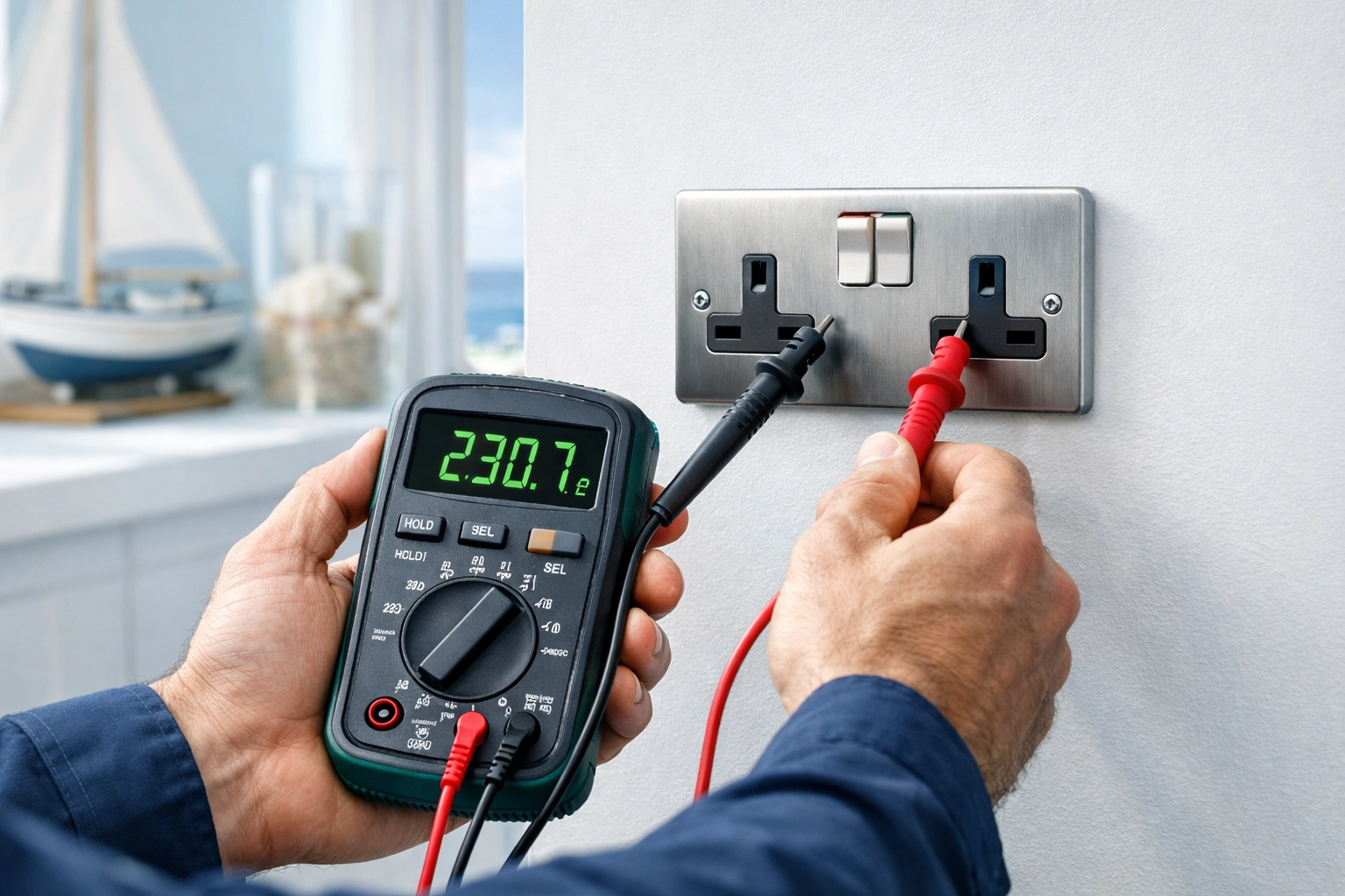Electrician conducting an electrical safety test and EICR inspection on a socket in a Poole property.