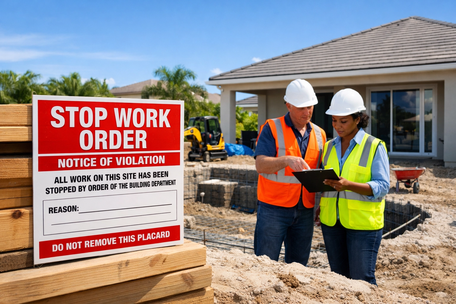 Stop work order posted at Florida construction site with building inspector reviewing compliance documents
