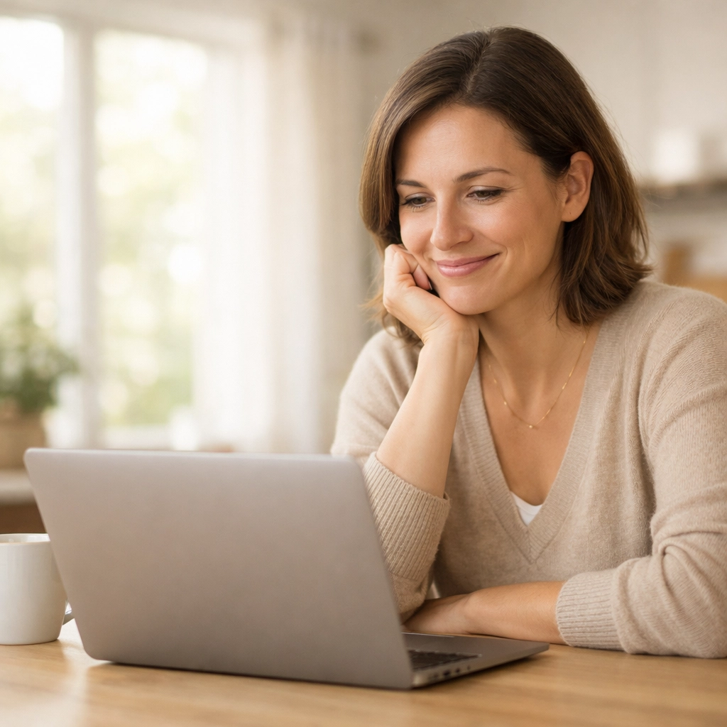 A person smiling at a laptop while securing an installment loan of 2500 with bad credit.