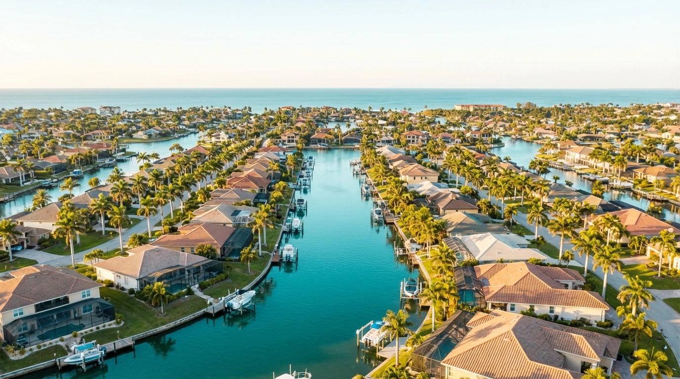 Drone aerial of a coastal neighborhood in Lee County Florida - professional real estate photography