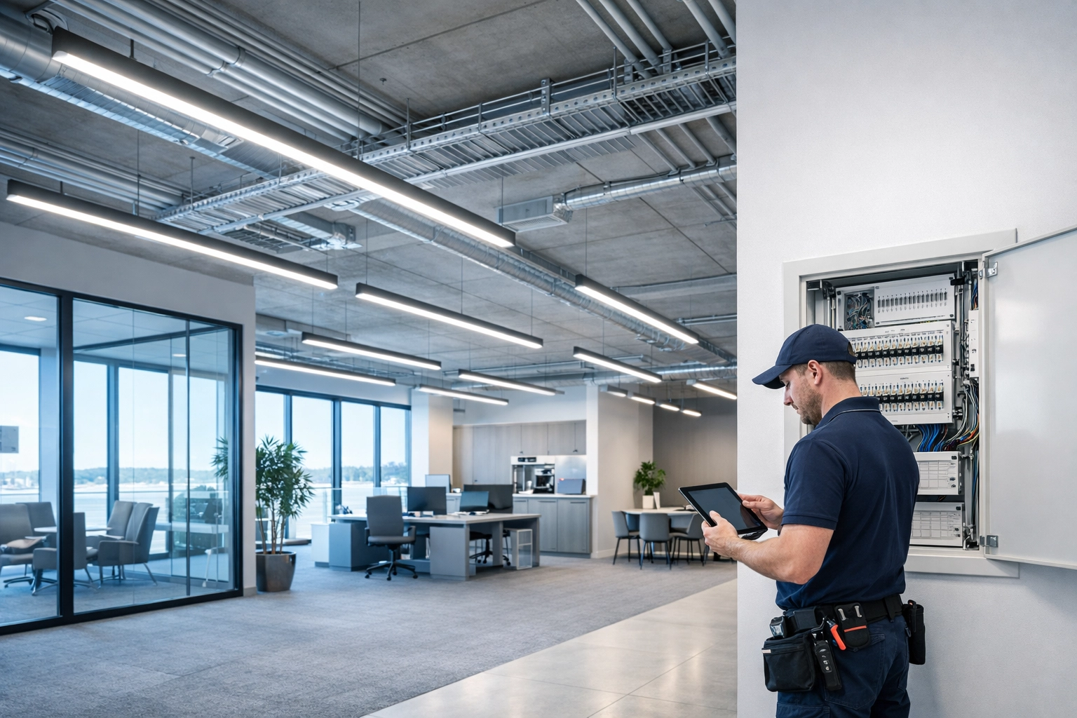 Professional commercial electrical services and safety diagnostics in a modern office space in Poole.