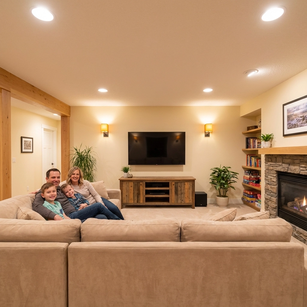 Finished Edmonton basement with modern lighting and family enjoying safe, upgraded living space