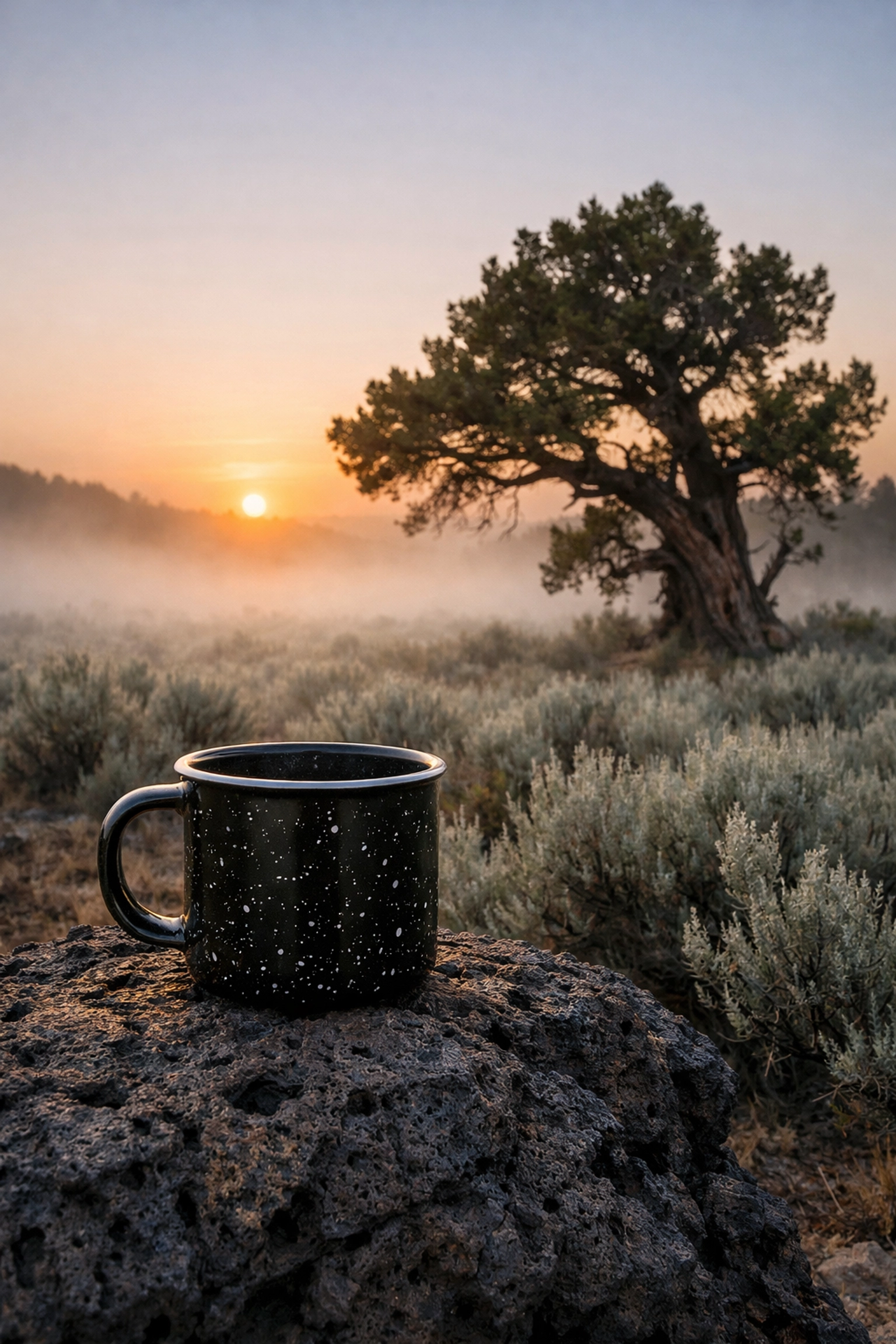 A rustic coffee mug on a lava rock at sunrise, embodying simple homesteading and off grid living on a budget.