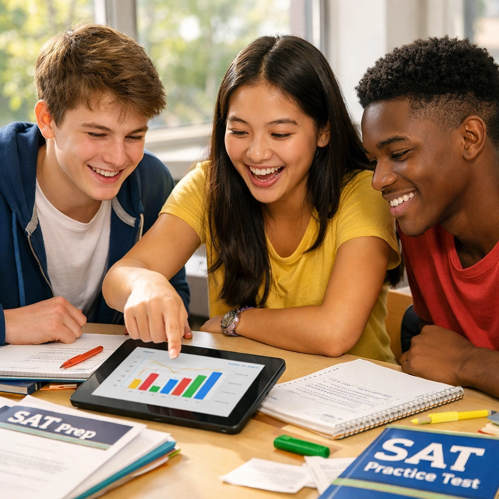 Diverse students collaborating on SAT reading graphs and data analysis